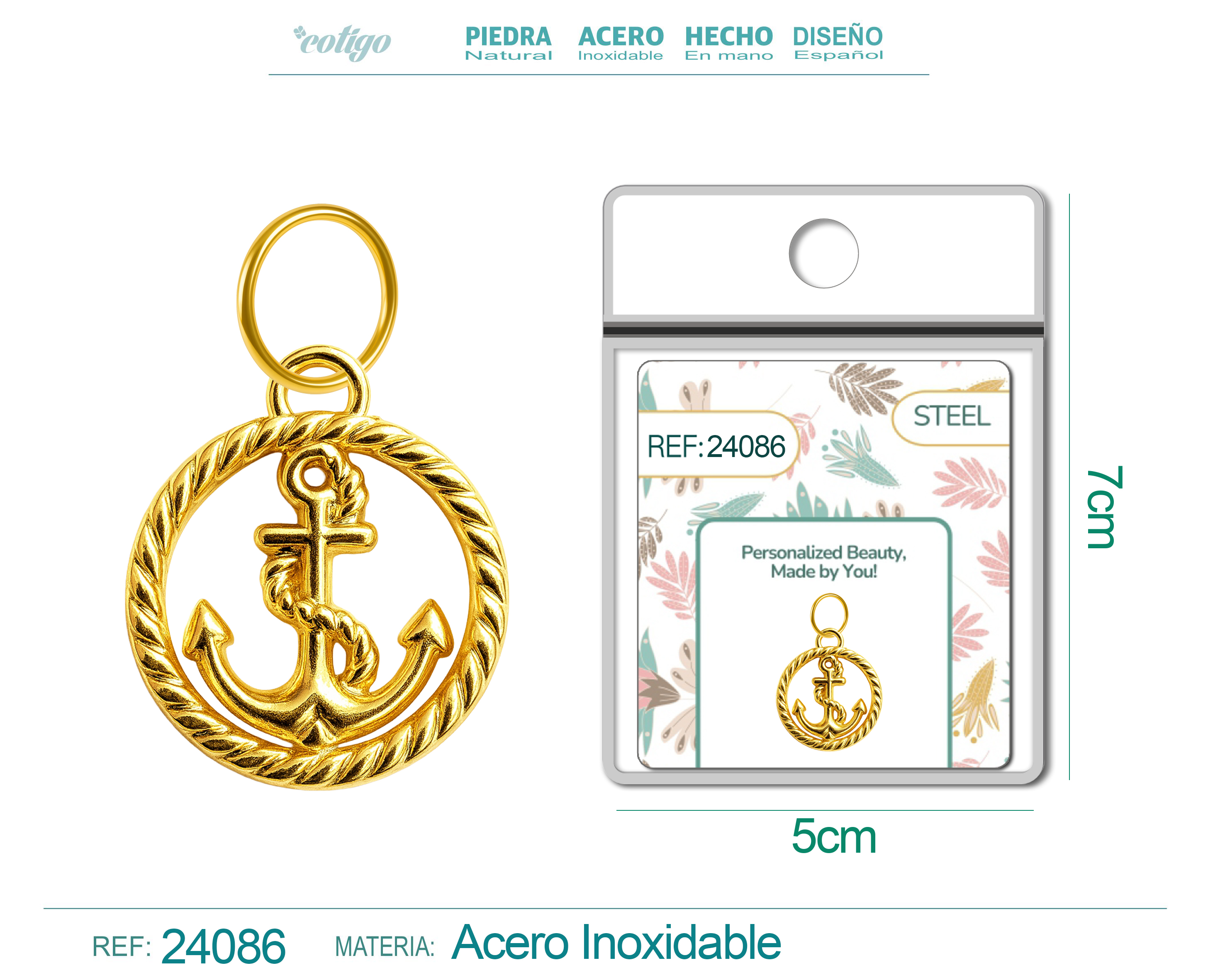 CHARM ACERO DORADO CHAPADO ORO 14 K