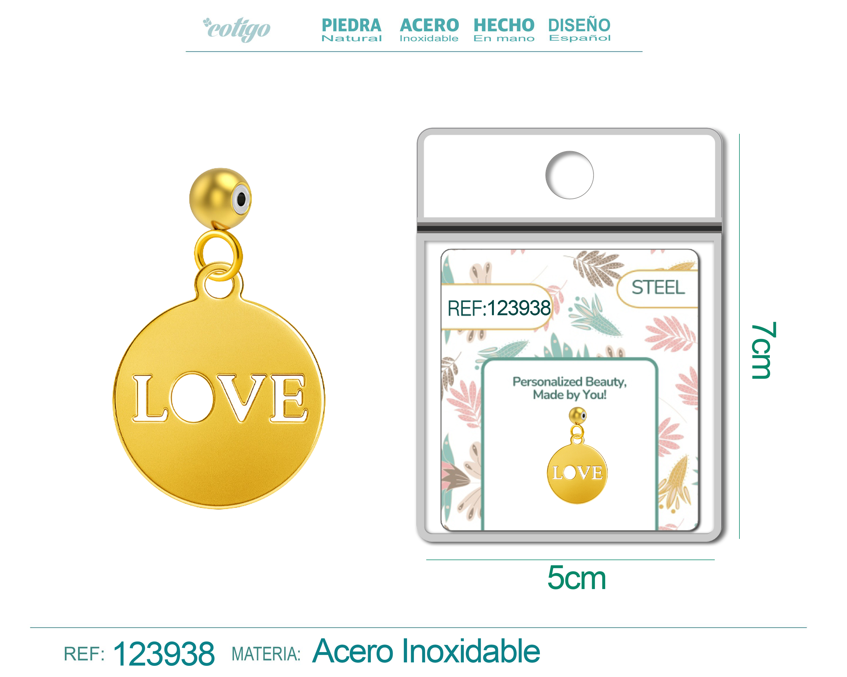 CHARM ACERO INOXIDABLE COLOR DORADO -CON BOLA DE GOMA
