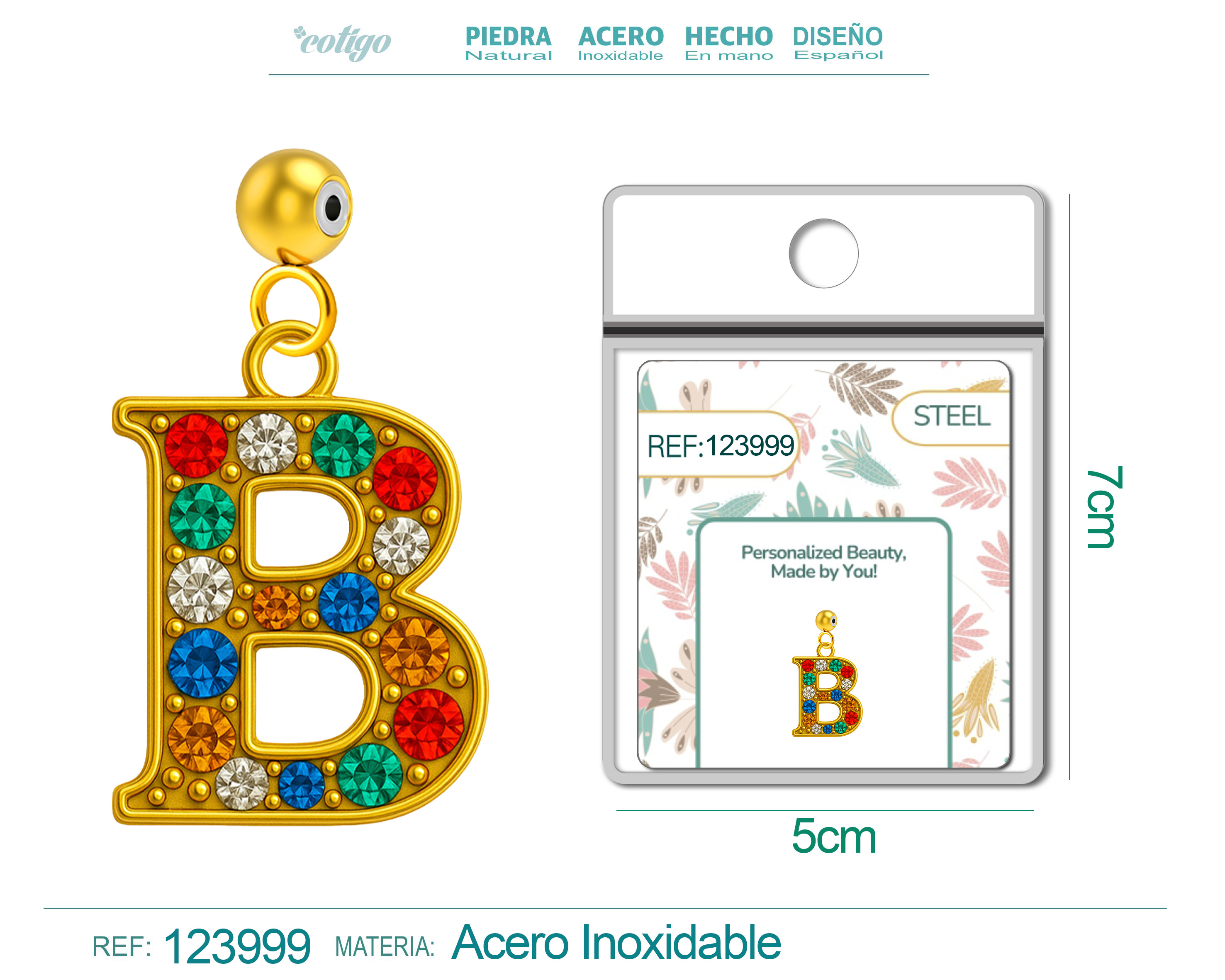 CHARM DE LETRA B ACERO COLOR DORADO CON CIRCONITA-CON BOLA DE GOMA