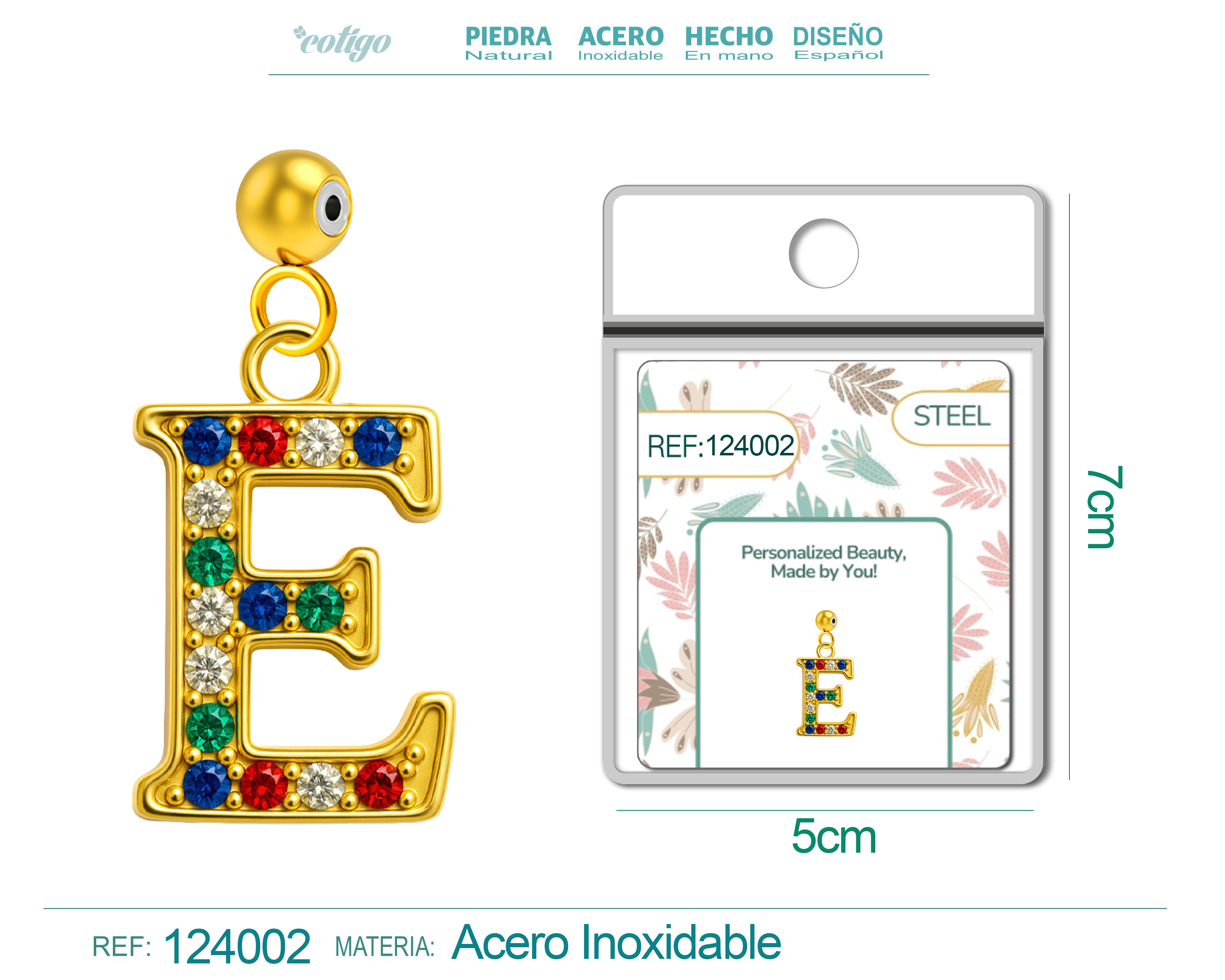 CHARM DE LETRA E ACERO COLOR DORADO CON CIRCONITA-CON BOLA DE GOMA