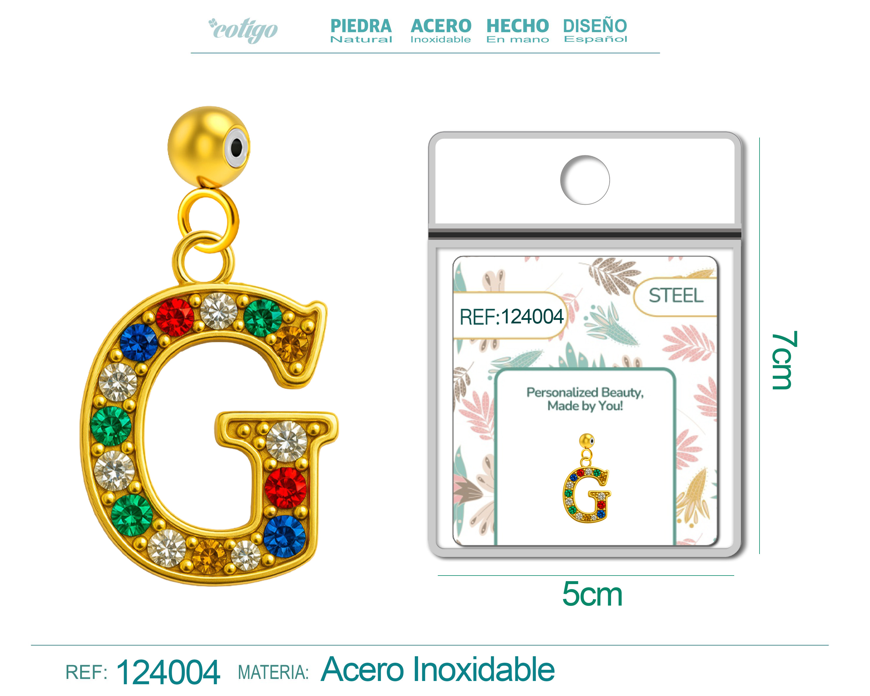 CHARM DE LETRA G ACERO COLOR DORADO CON CIRCONITA-CON BOLA DE GOMA