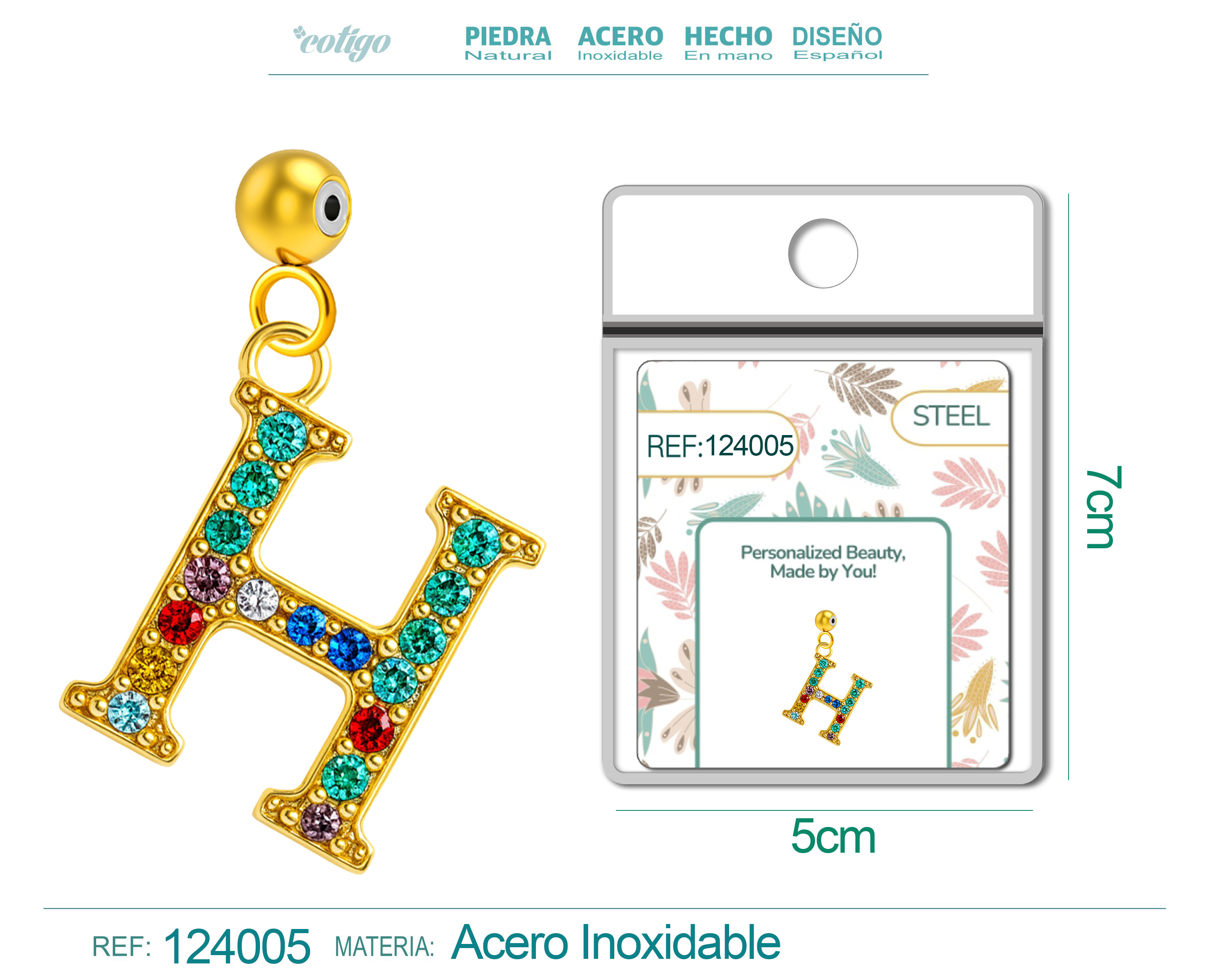 CHARM DE LETRA H ACERO COLOR DORADO CON CIRCONITA-CON BOLA DE GOMA