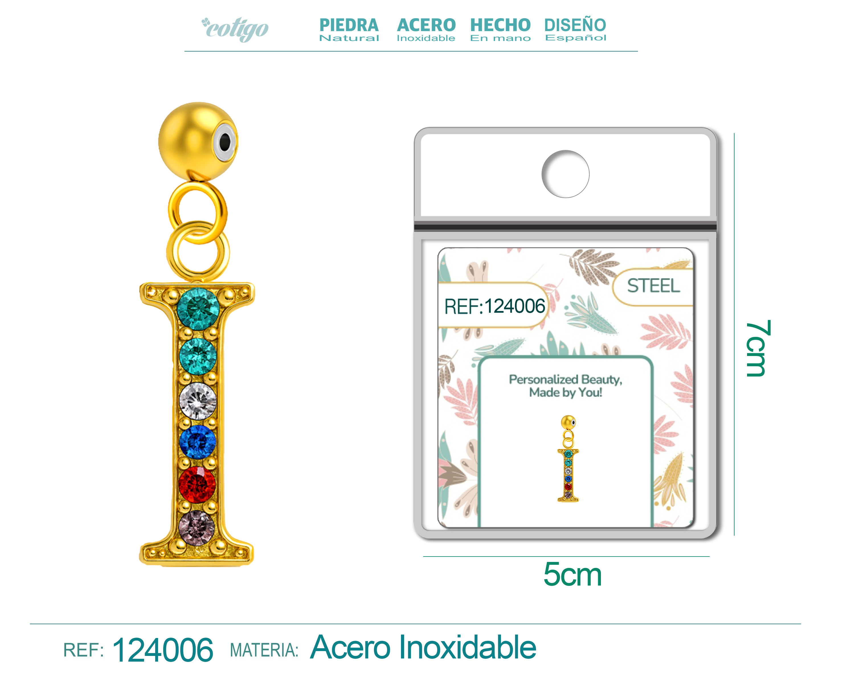 CHARM DE LETRA I ACERO COLOR DORADO CON CIRCONITA-CON BOLA DE GOMA