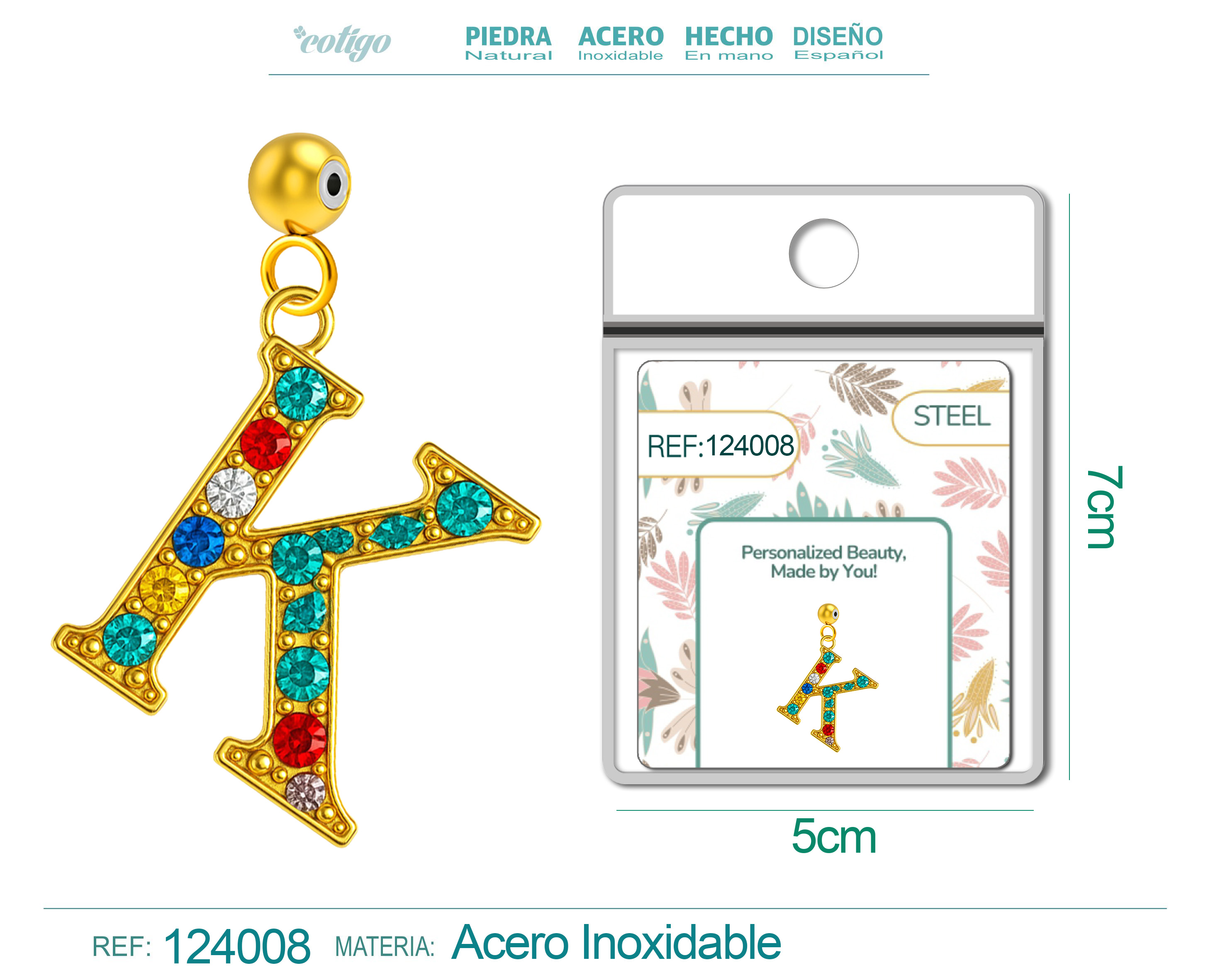 CHARM DE LETRA K ACERO COLOR DORADO CON CIRCONITA-CON BOLA DE GOMA