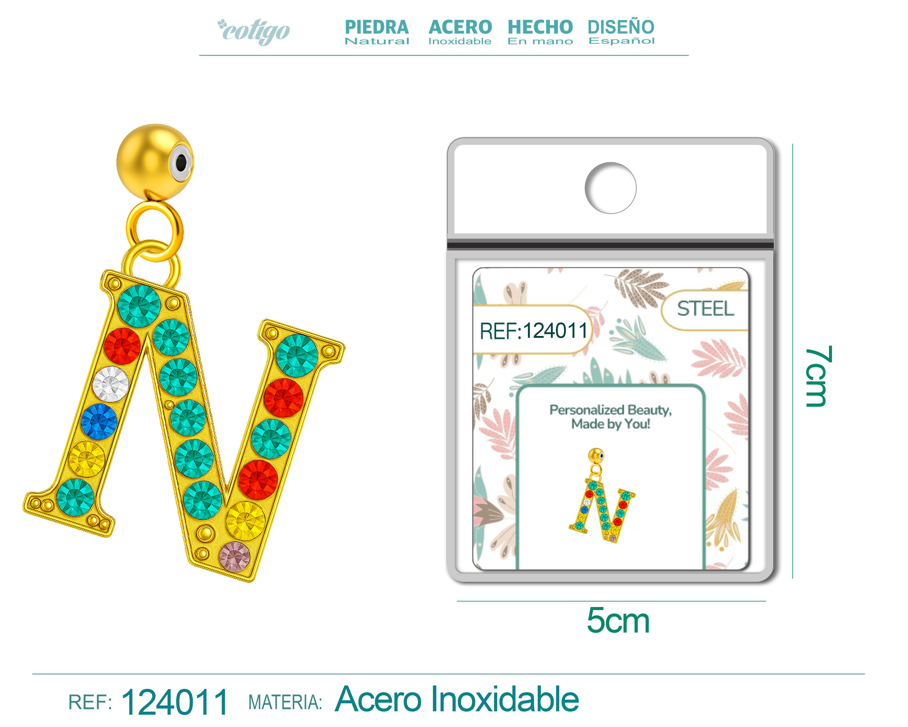 CHARM DE LETRA N ACERO COLOR DORADO CON CIRCONITA-CON BOLA DE GOMA