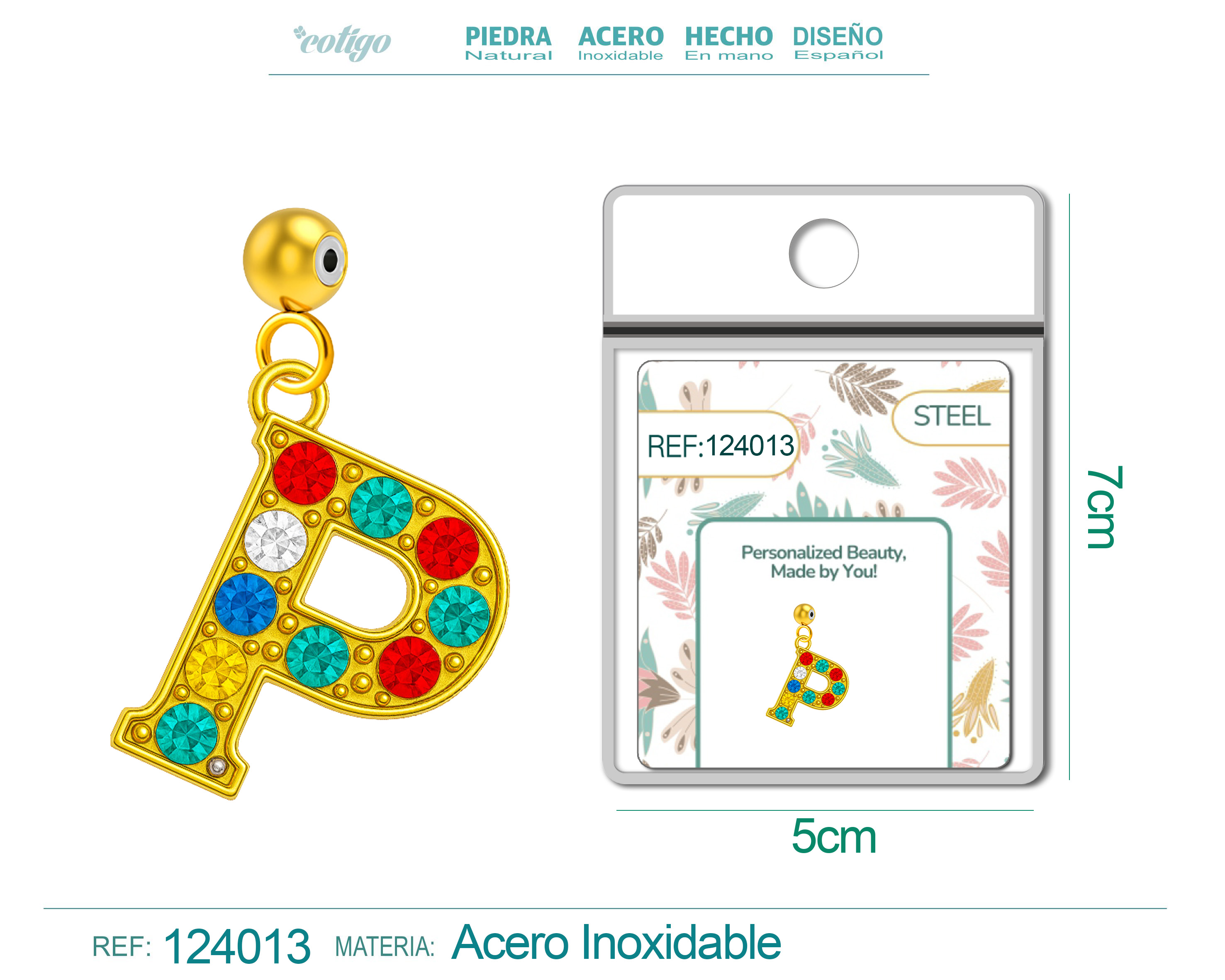 CHARM DE LETRA P ACERO COLOR DORADO CON CIRCONITA-CON BOLA DE GOMA