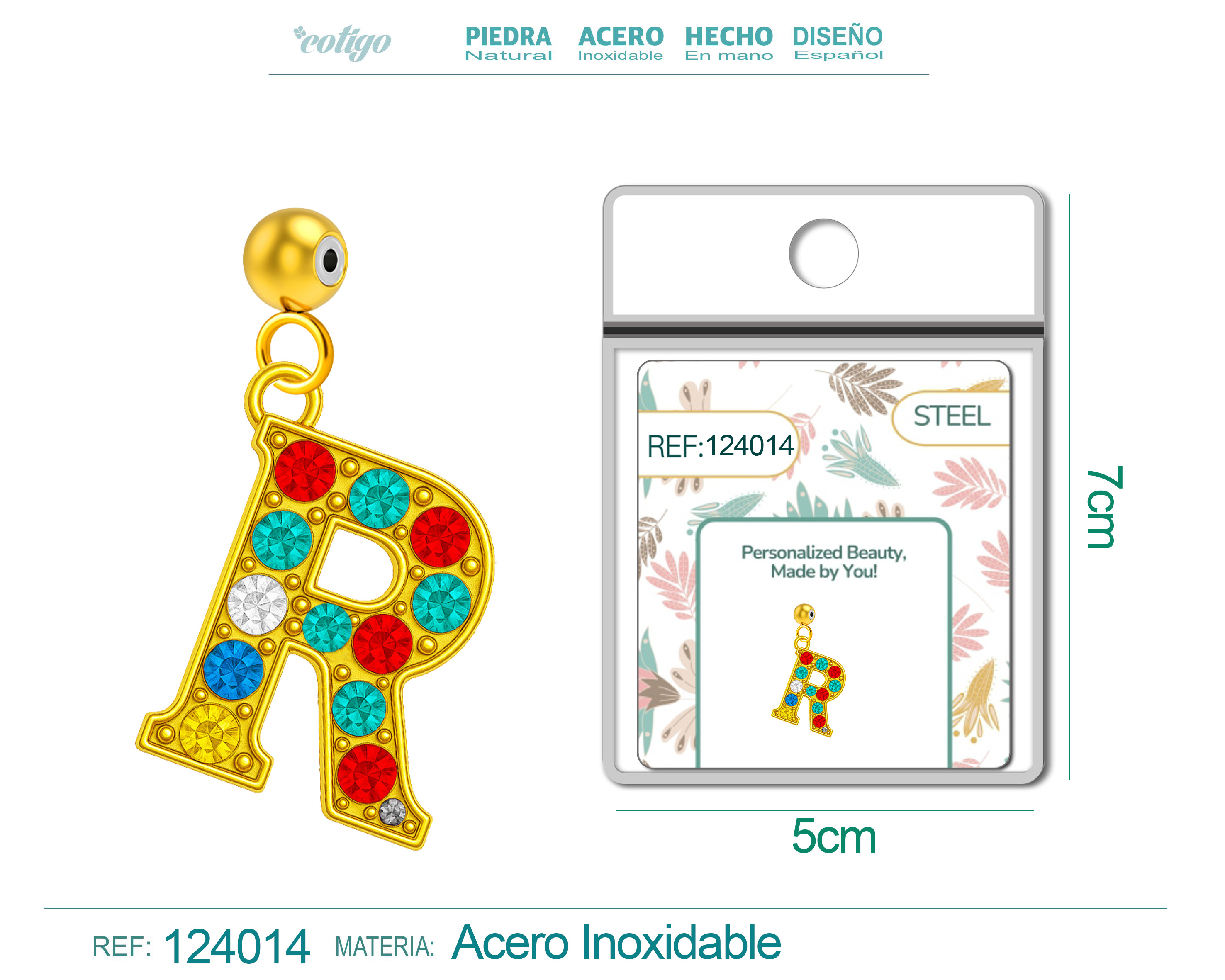CHARM DE LETRA R ACERO COLOR DORADO CON CIRCONITA-CON BOLA DE GOMA