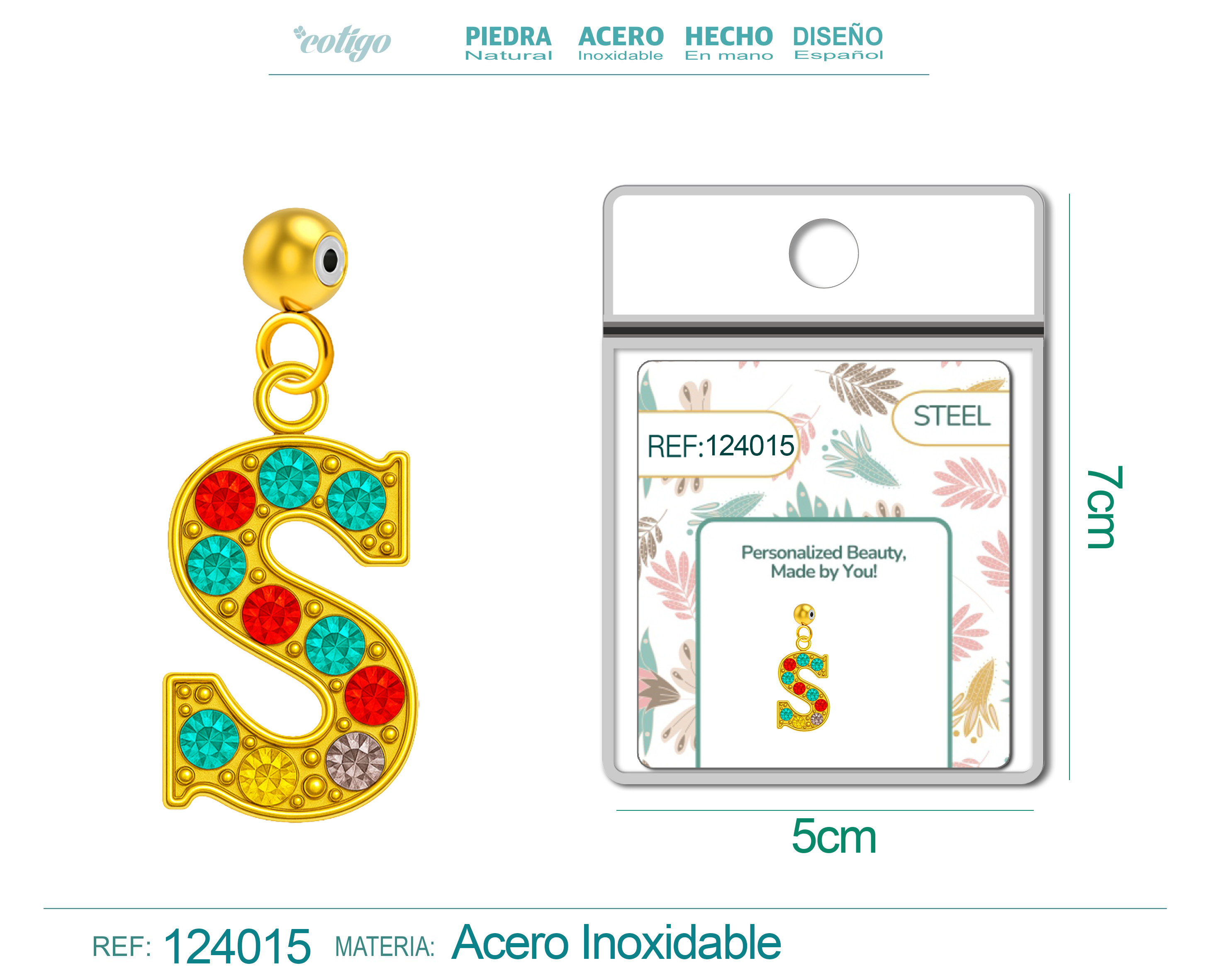 CHARM DE LETRA S ACERO COLOR DORADO CON CIRCONITA-CON BOLA DE GOMA