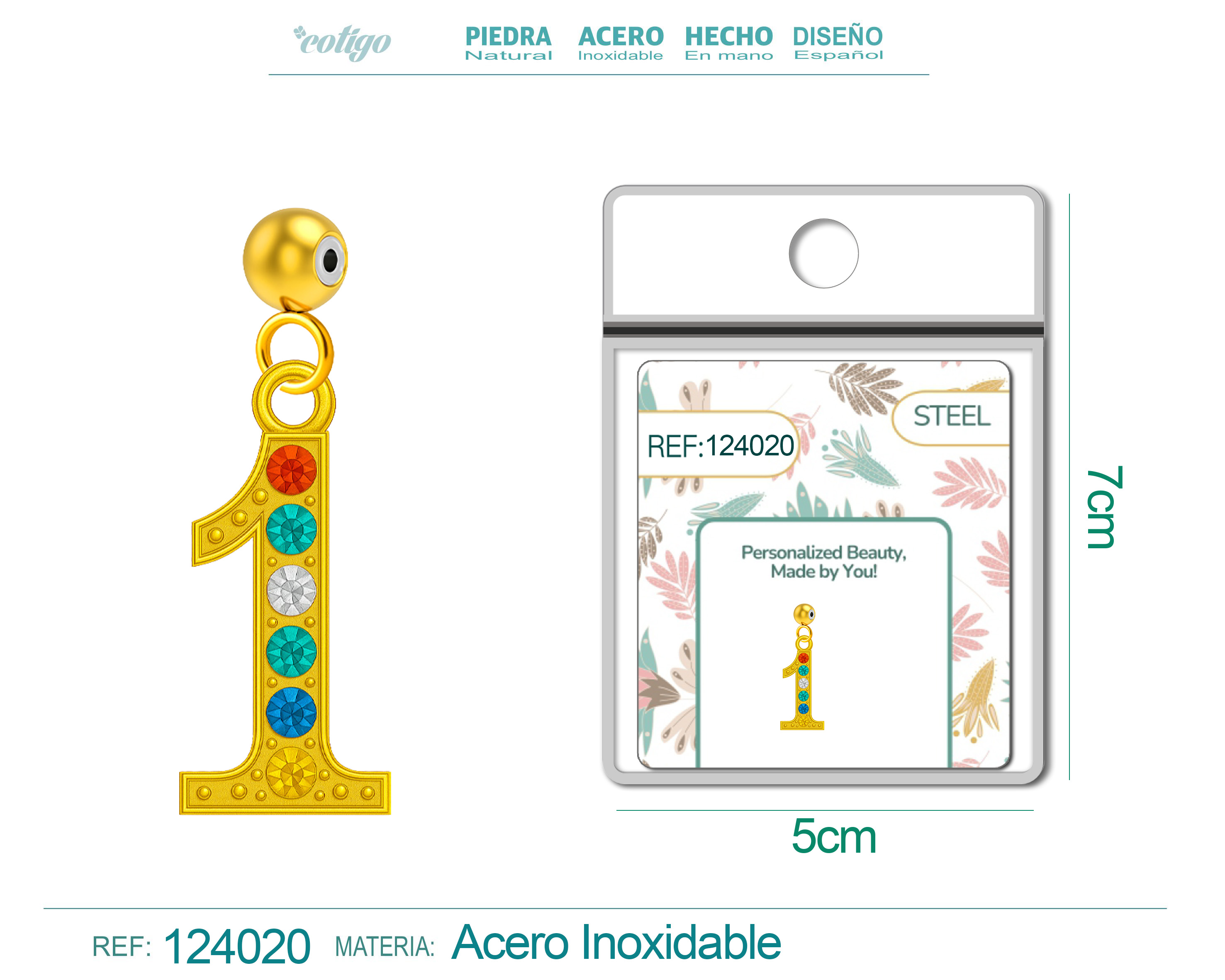 CHARM DE NÚMERO 1 ACERO COLOR DORADO CON CIRCONITA-CON BOLA DE GOMA