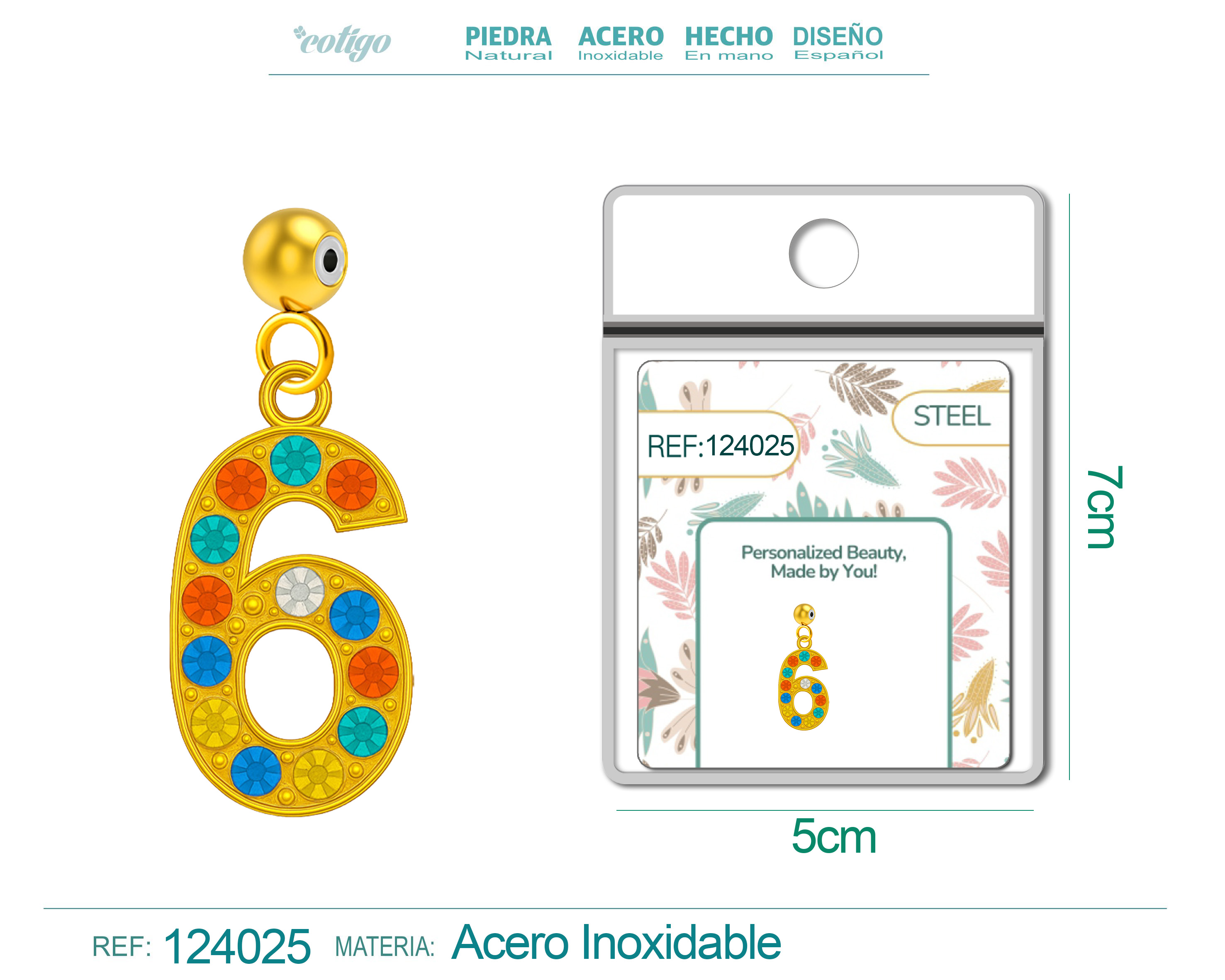 CHARM DE NÚMERO 6 ACERO COLOR DORADO CON CIRCONITA-CON BOLA DE GOMA