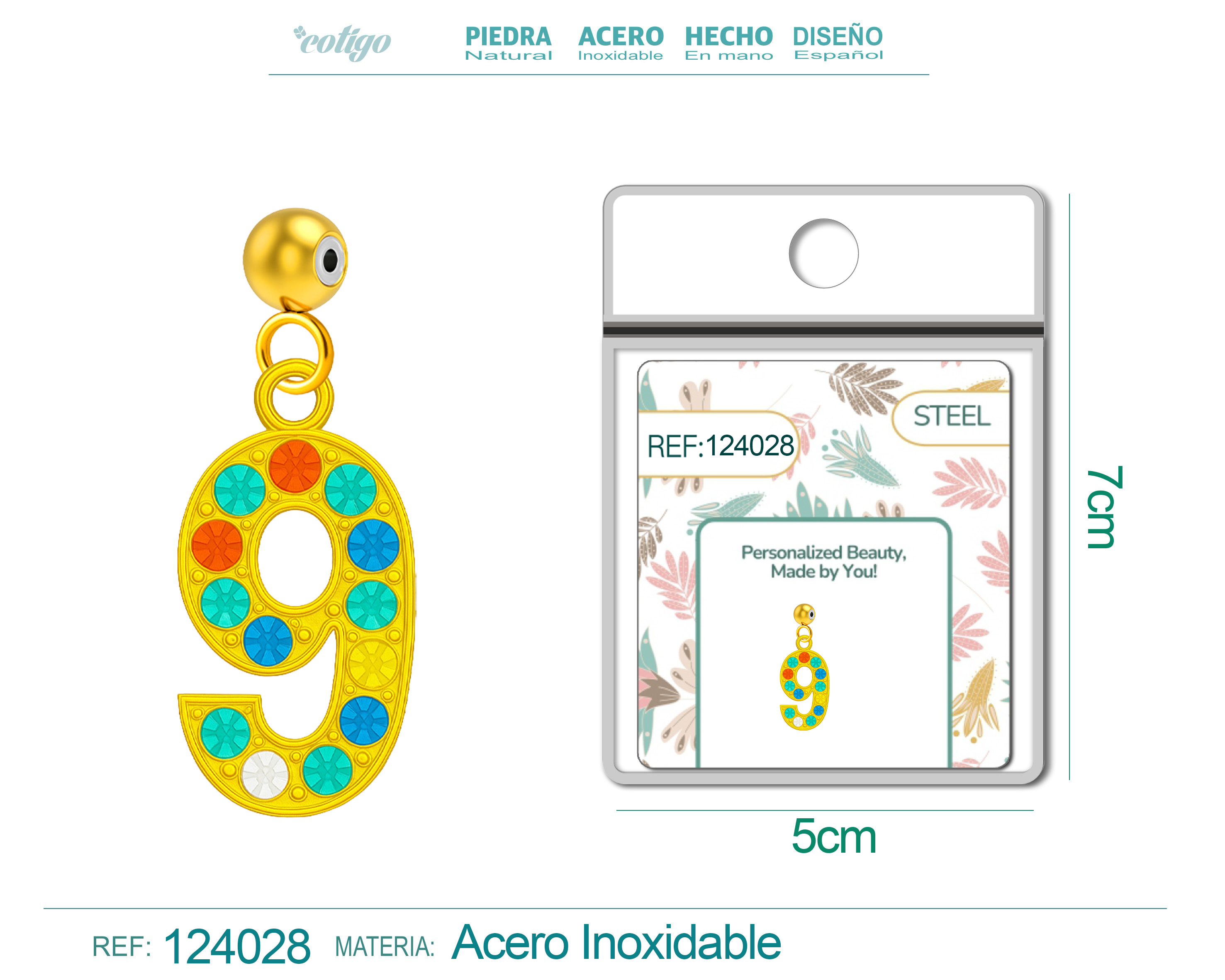 CHARM DE NÚMERO 9 ACERO COLOR DORADO CON CIRCONITA-CON BOLA DE GOMA