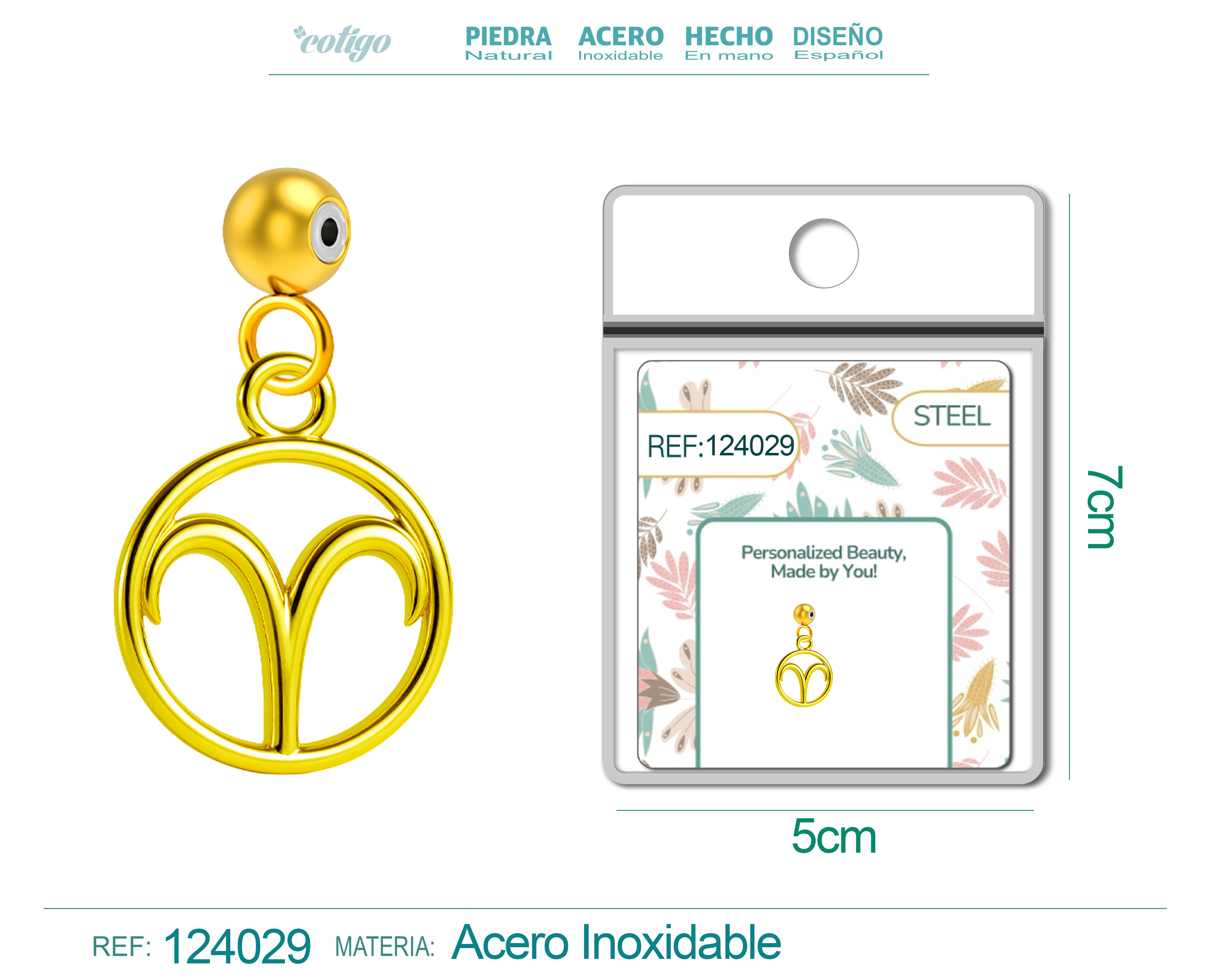 CHARM DE ZODÍACO ÁRIES ACERO COLOR DORADO-CON BOLA DE GOMA