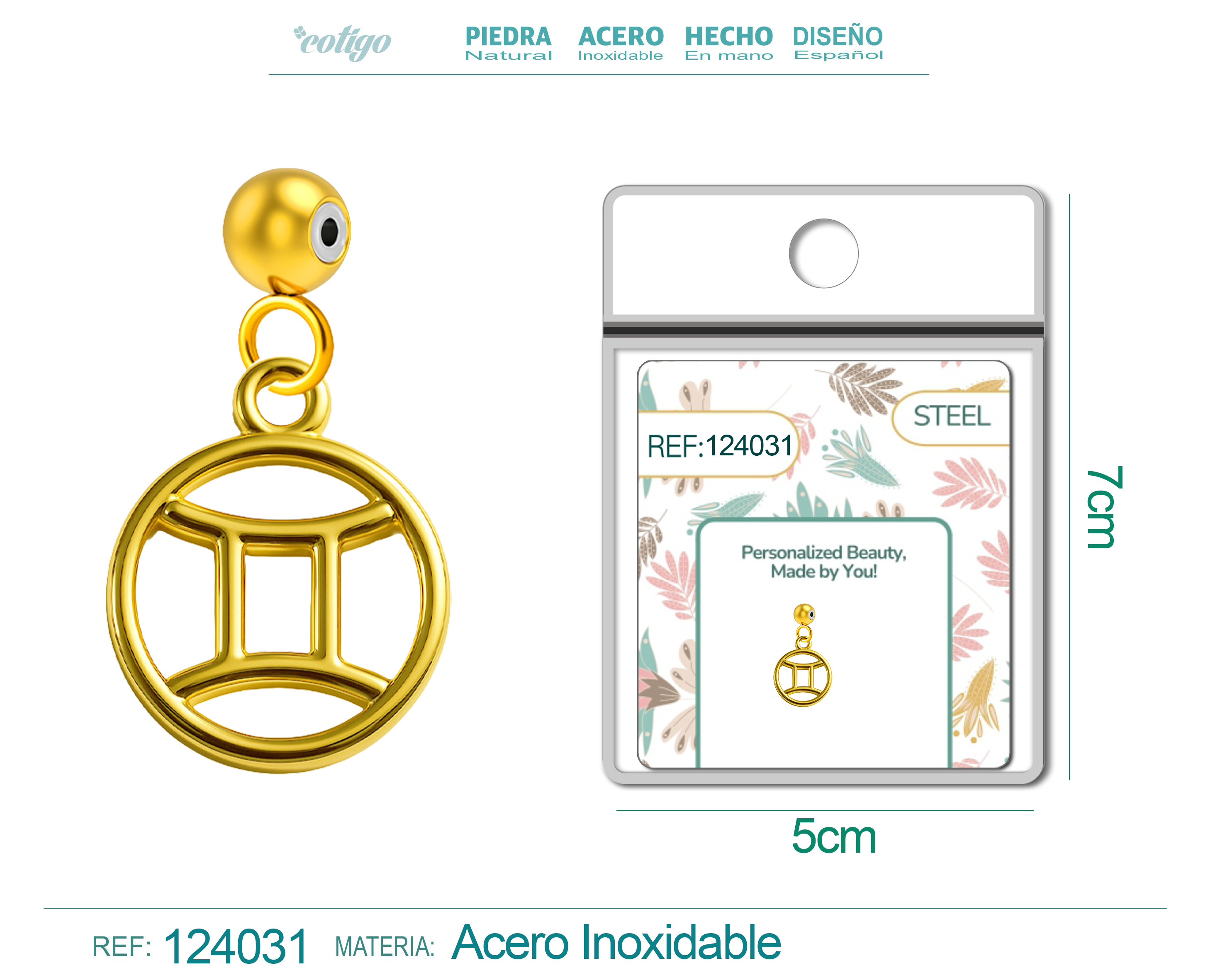 CHARM DE ZODÍACO GÉMEOS ACERO COLOR DORADO-CON BOLA DE GOMA