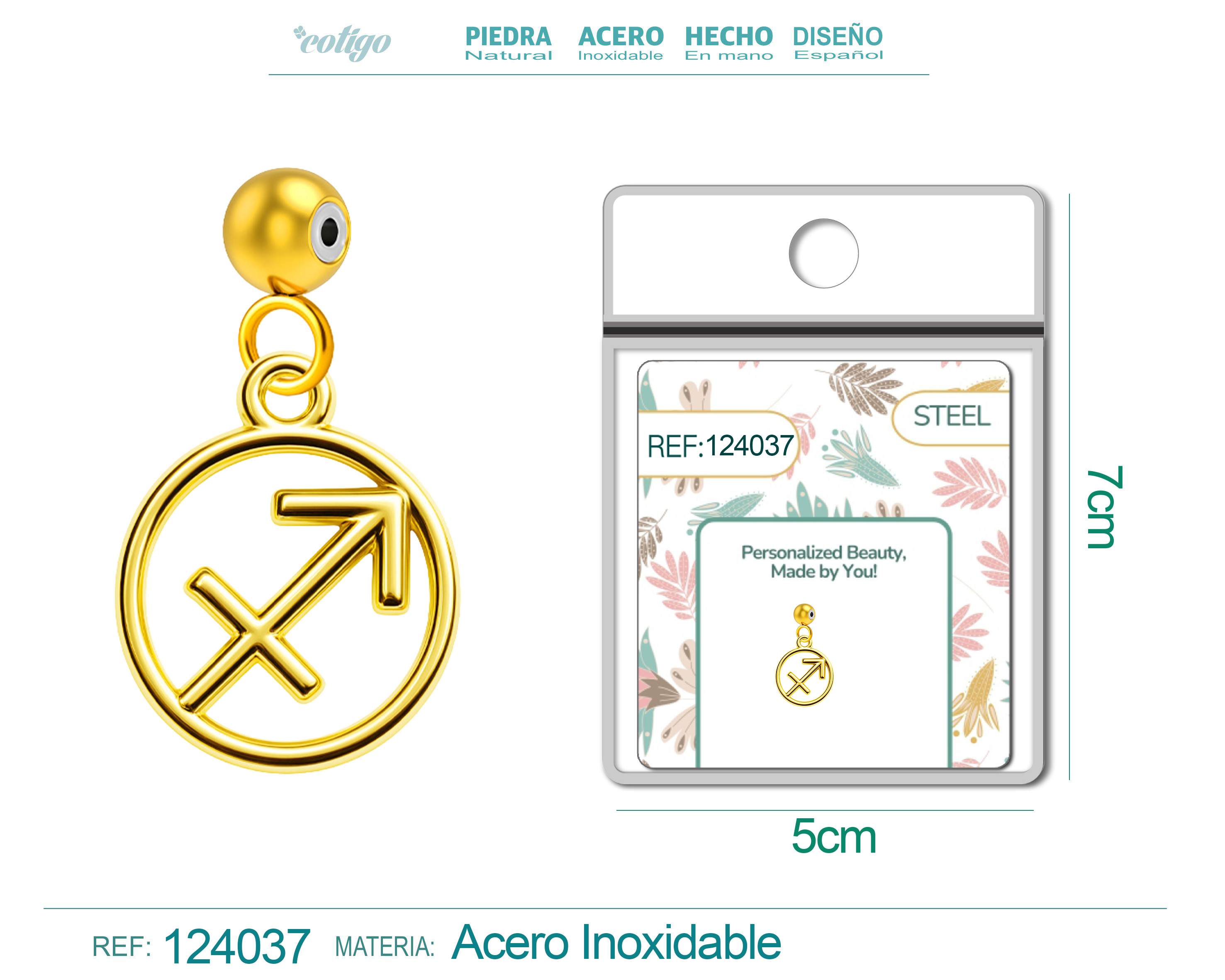 CHARM DE ZODÍACO SAGITÁRIO ACERO COLOR DORADO-CON BOLA DE GOMA