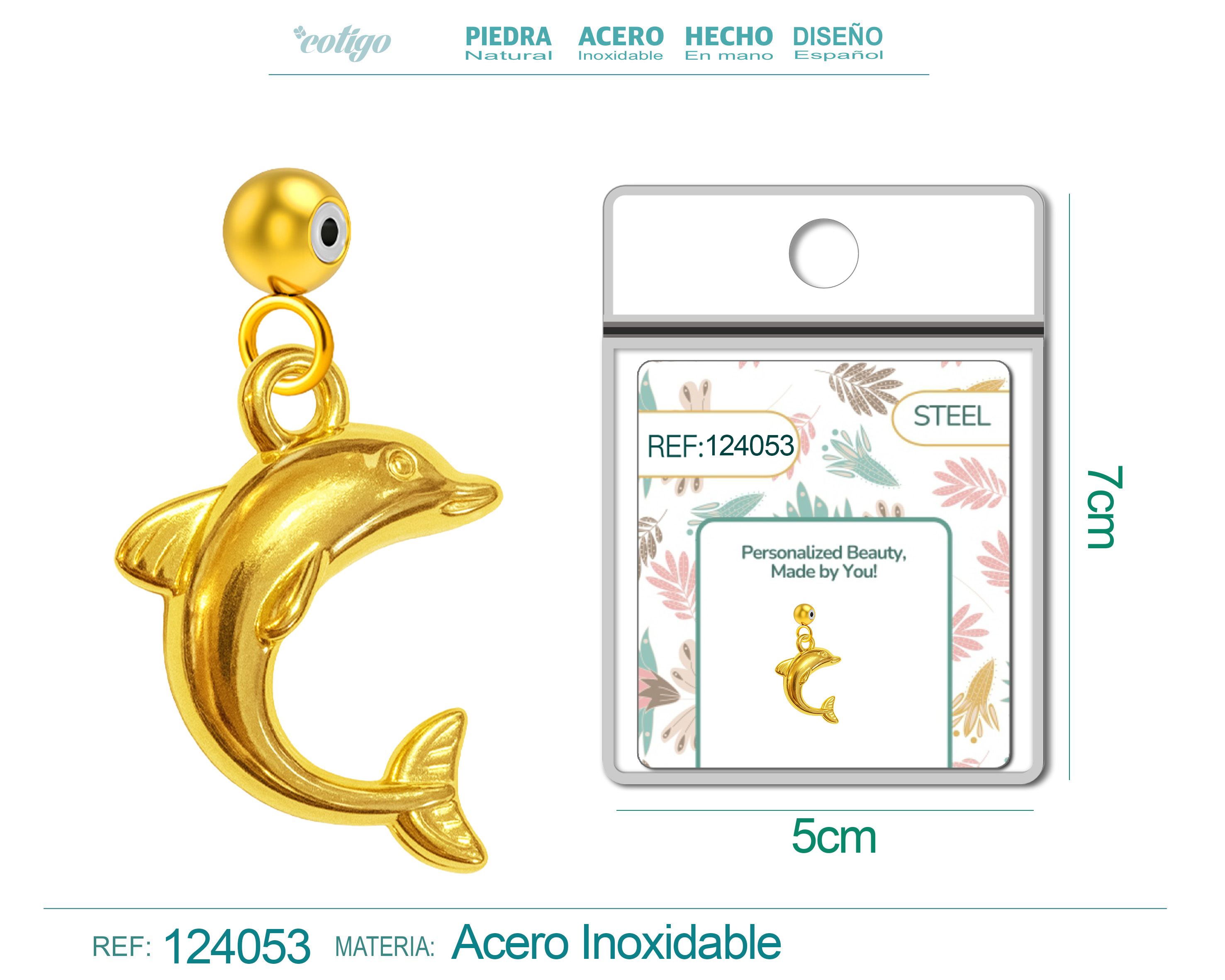 CHARM ACERO DORADO CHAPADO ORO 14 K-CON BOLA DE GOMA