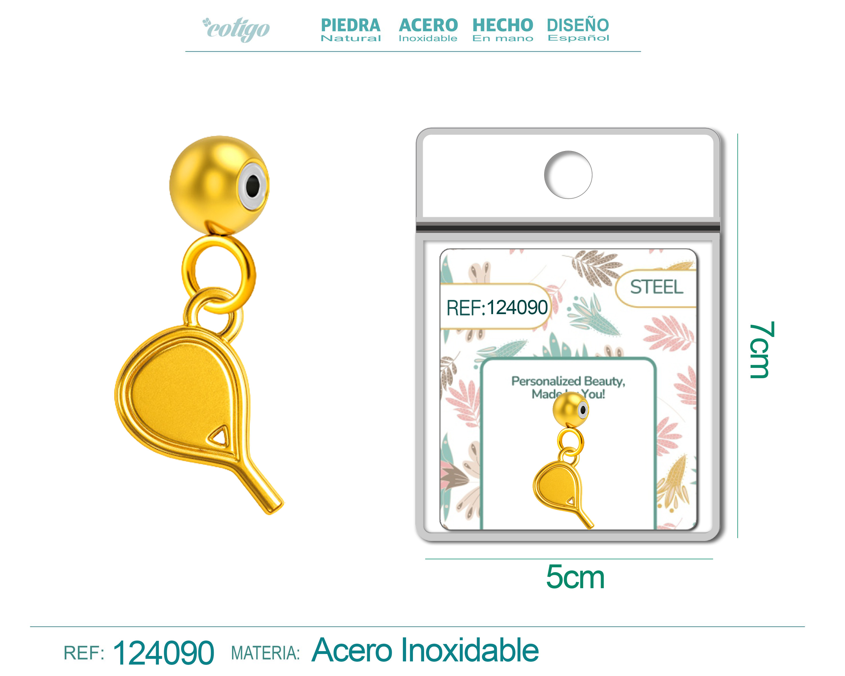 CHARM ACERO DORADO CHAPADO ORO 14 K-CON BOLA DE GOMA