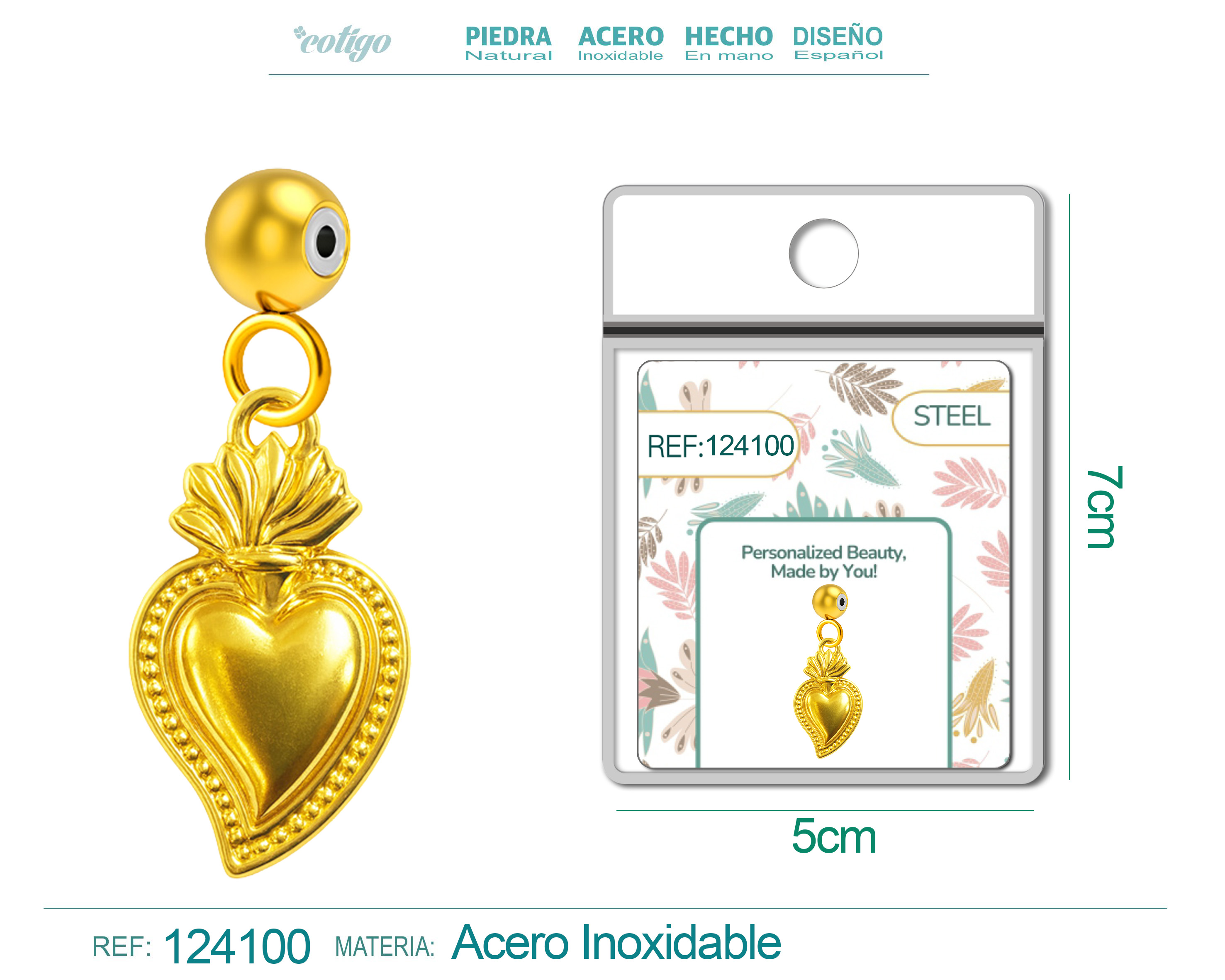 CHARM ACERO DORADO CHAPADO ORO 14 K-CON BOLA DE GOMA