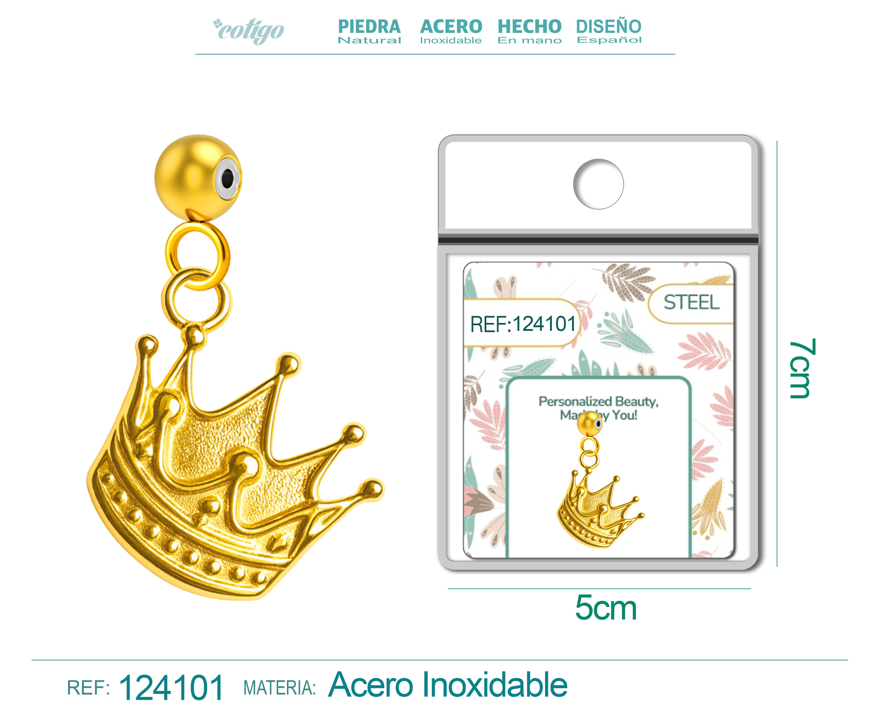 CHARM ACERO DORADO CHAPADO ORO 14 K-CON BOLA DE GOMA