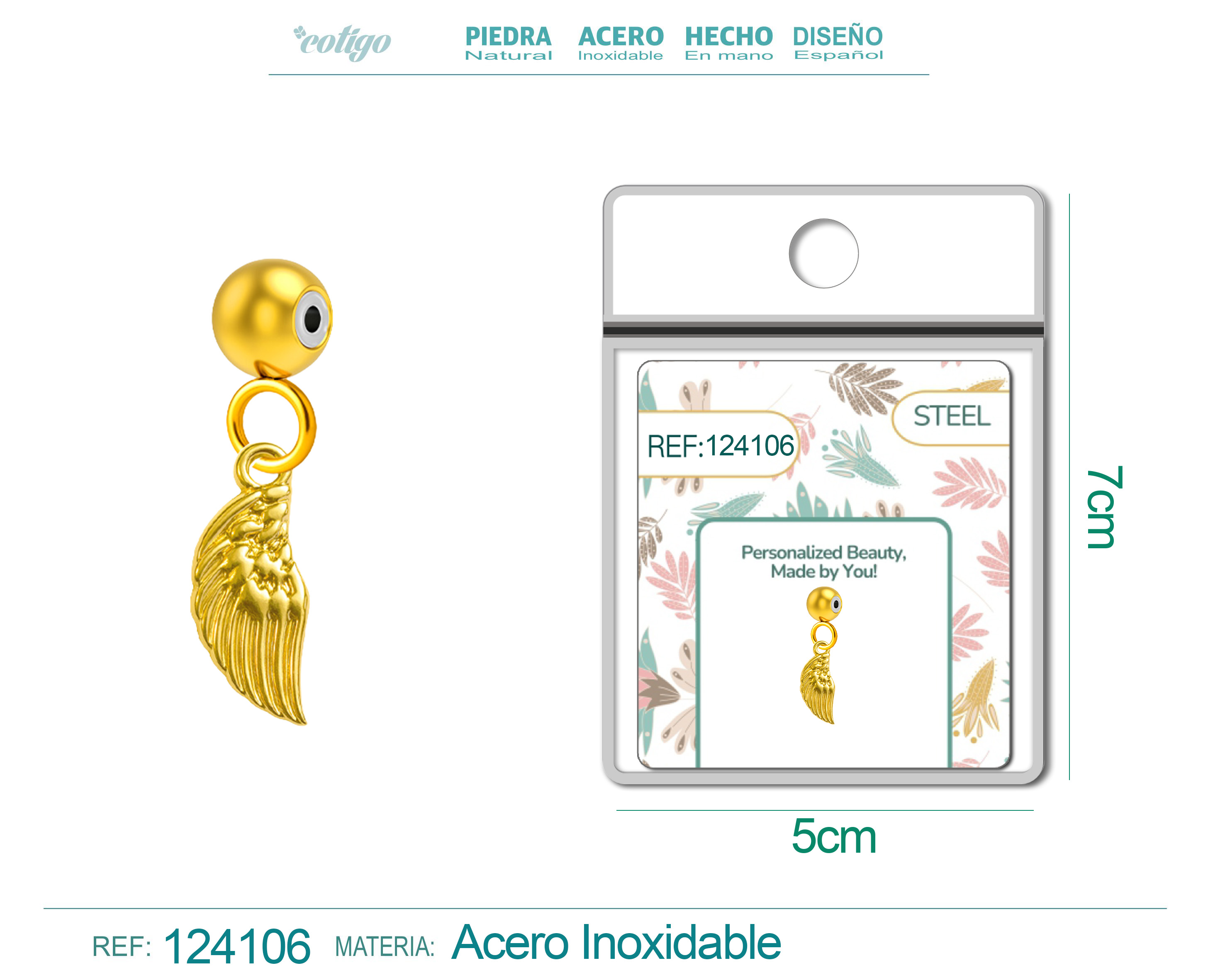 CHARM ACERO DORADO CHAPADO ORO 14 K-CON BOLA DE GOMA