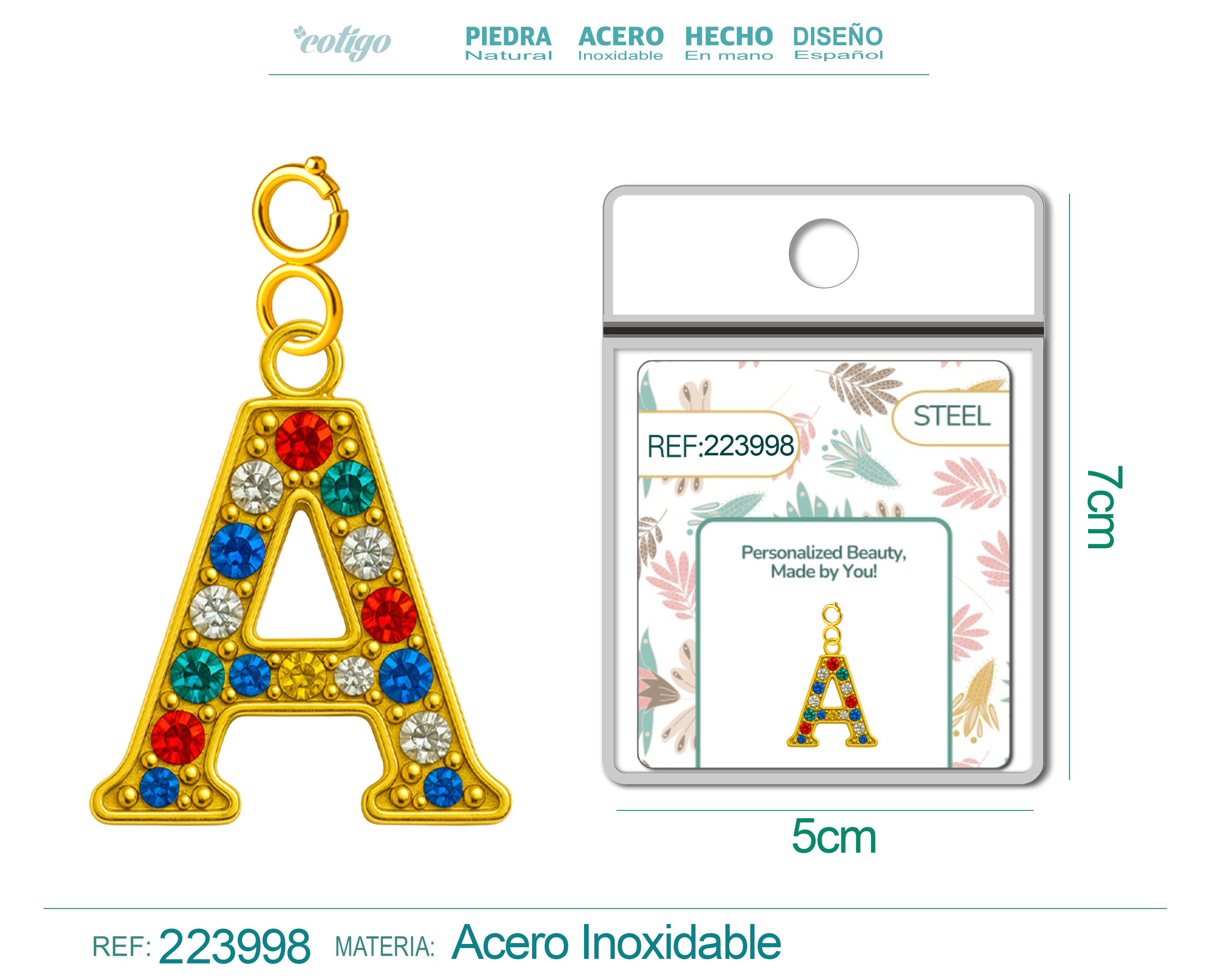 CHARM DE LETRA A ACERO COLOR DORADO CON CIRCONITA-CON CIERRE