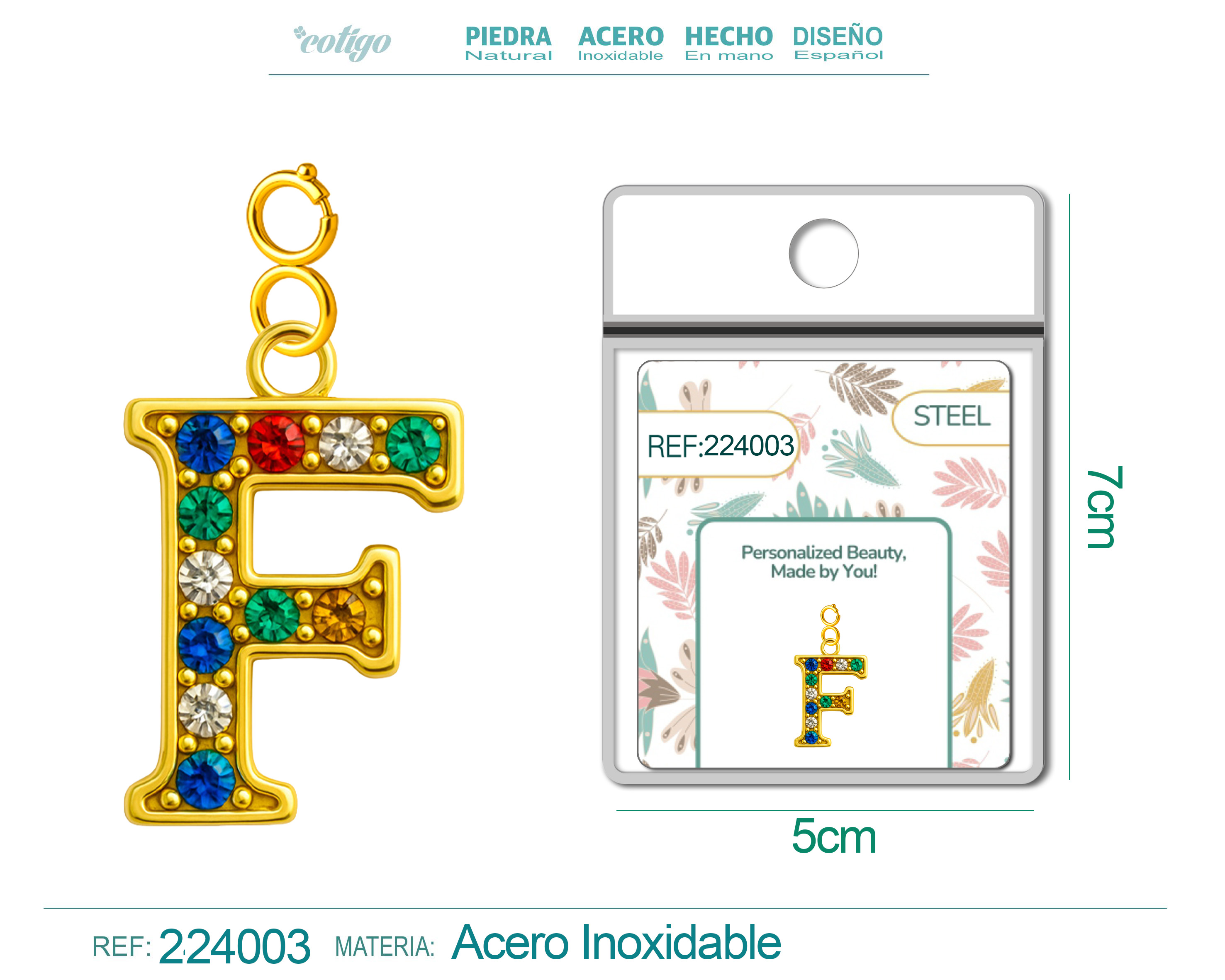 CHARM DE LETRA F ACERO COLOR DORADO CON CIRCONITA-CON CIERRE