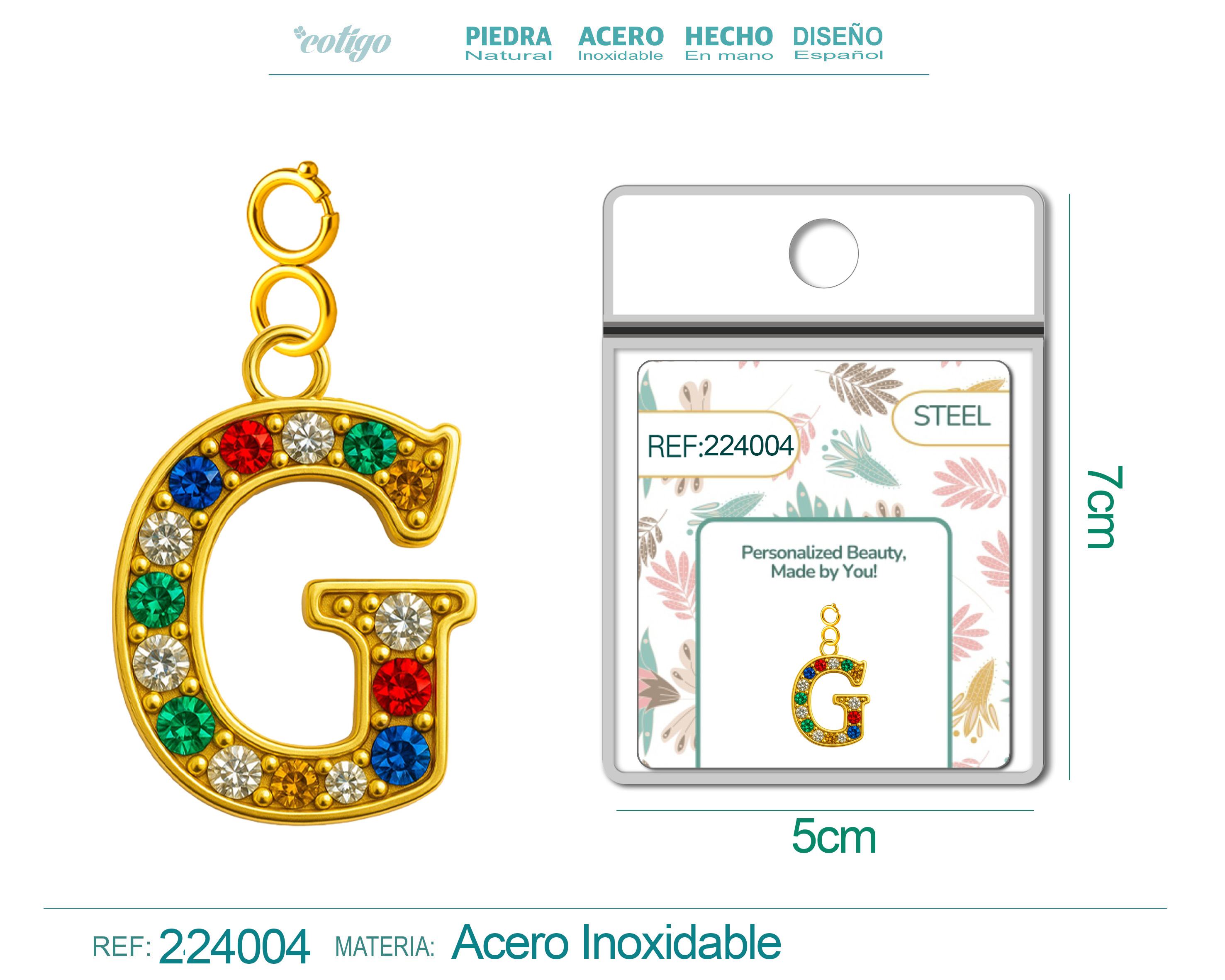 CHARM DE LETRA G ACERO COLOR DORADO CON CIRCONITA-CON CIERRE