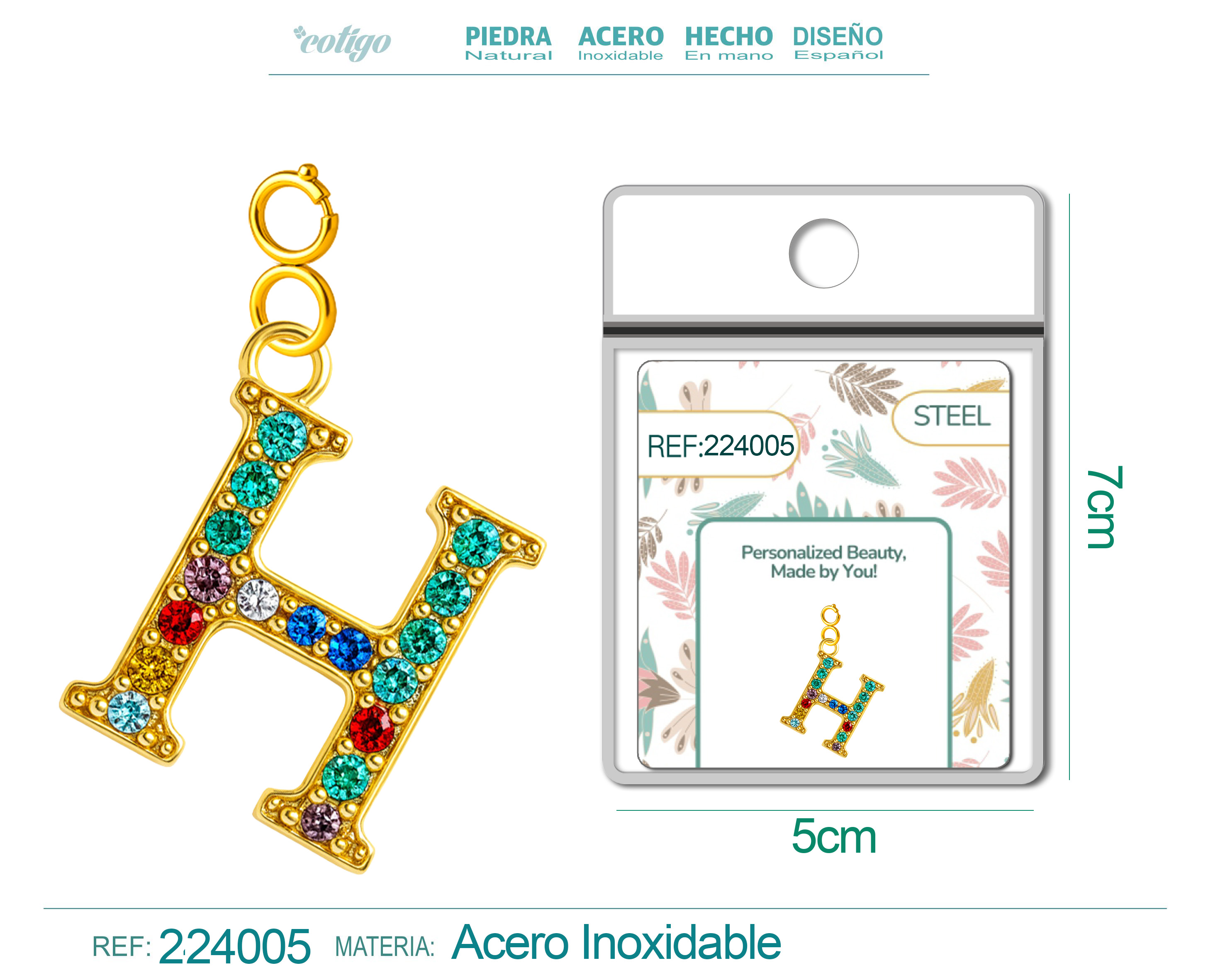 CHARM DE LETRA H ACERO COLOR DORADO CON CIRCONITA-CON CIERRE