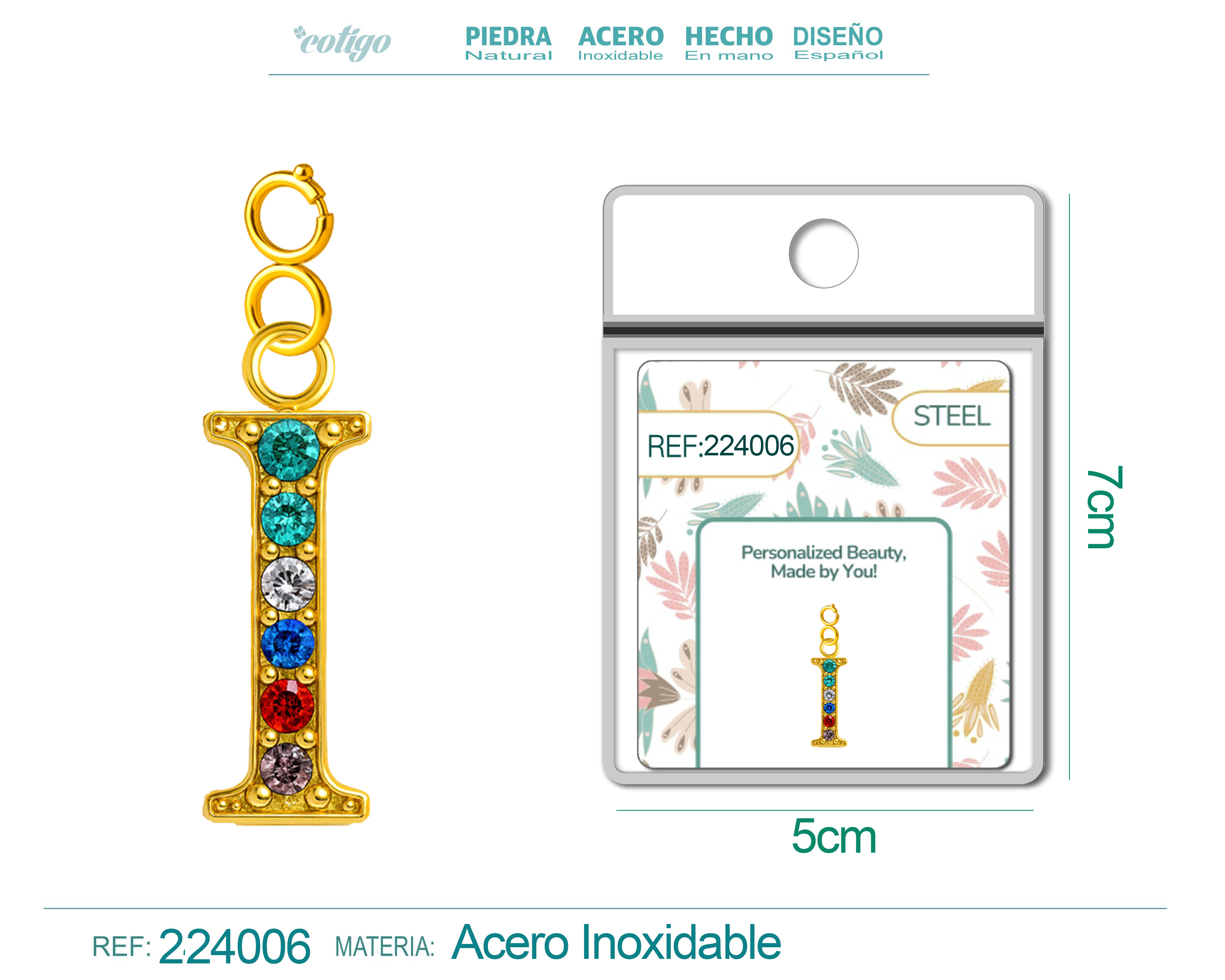 CHARM DE LETRA I ACERO COLOR DORADO CON CIRCONITA-CON CIERRE