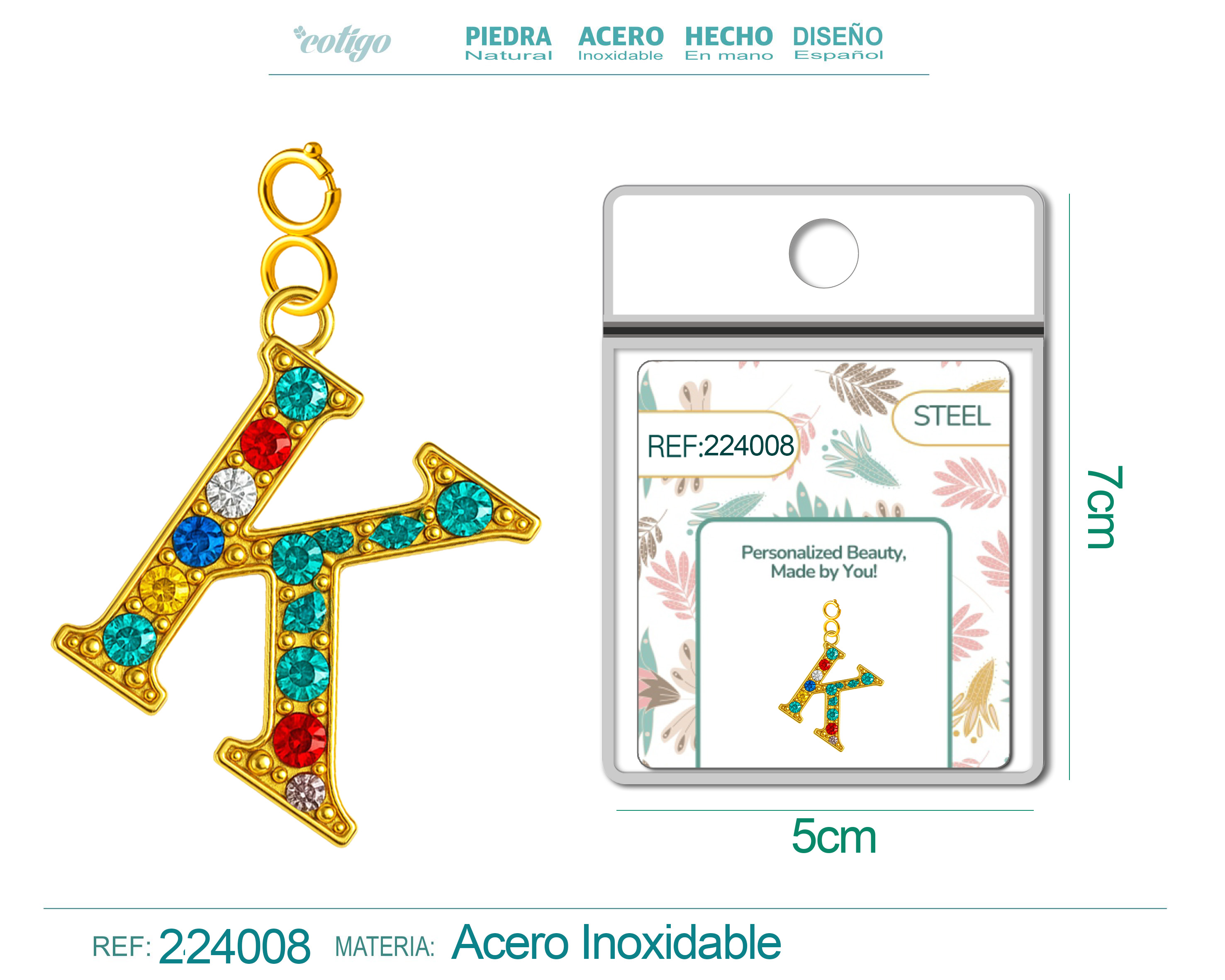 CHARM DE LETRA K ACERO COLOR DORADO CON CIRCONITA-CON CIERRE