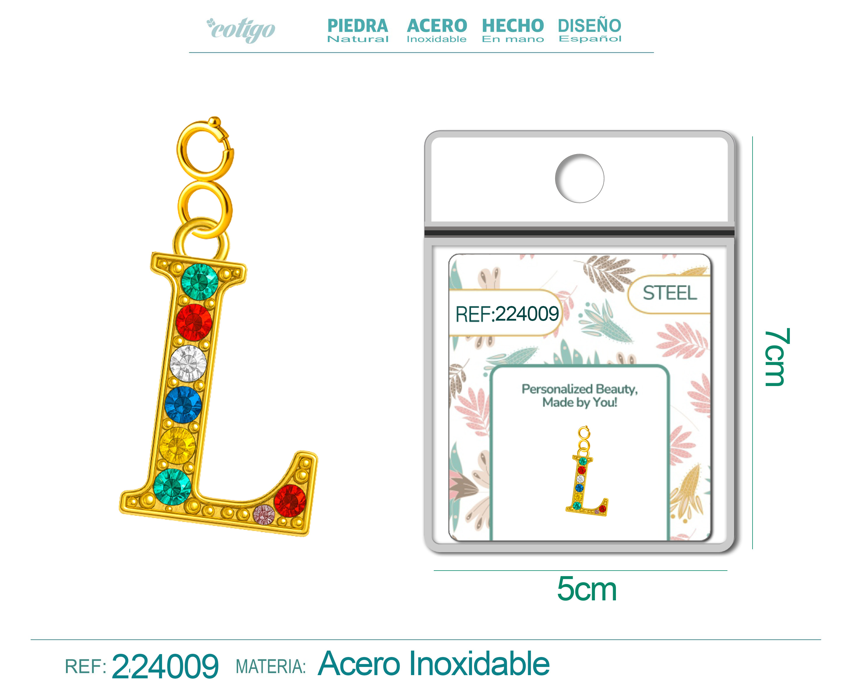 CHARM DE LETRA L ACERO COLOR DORADO CON CIRCONITA-CON CIERRE