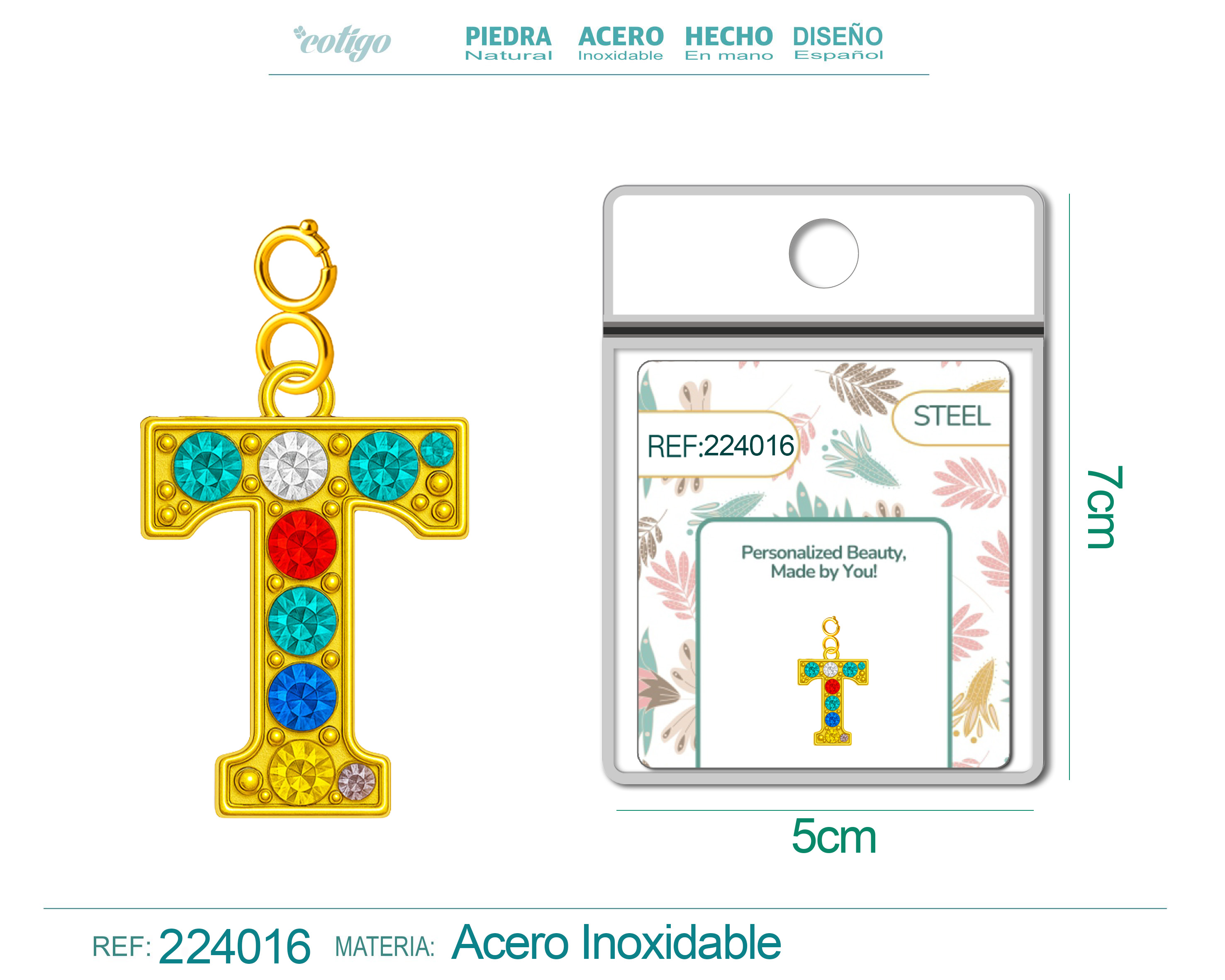 CHARM DE LETRA T ACERO COLOR DORADO CON CIRCONITA-CON CIERRE