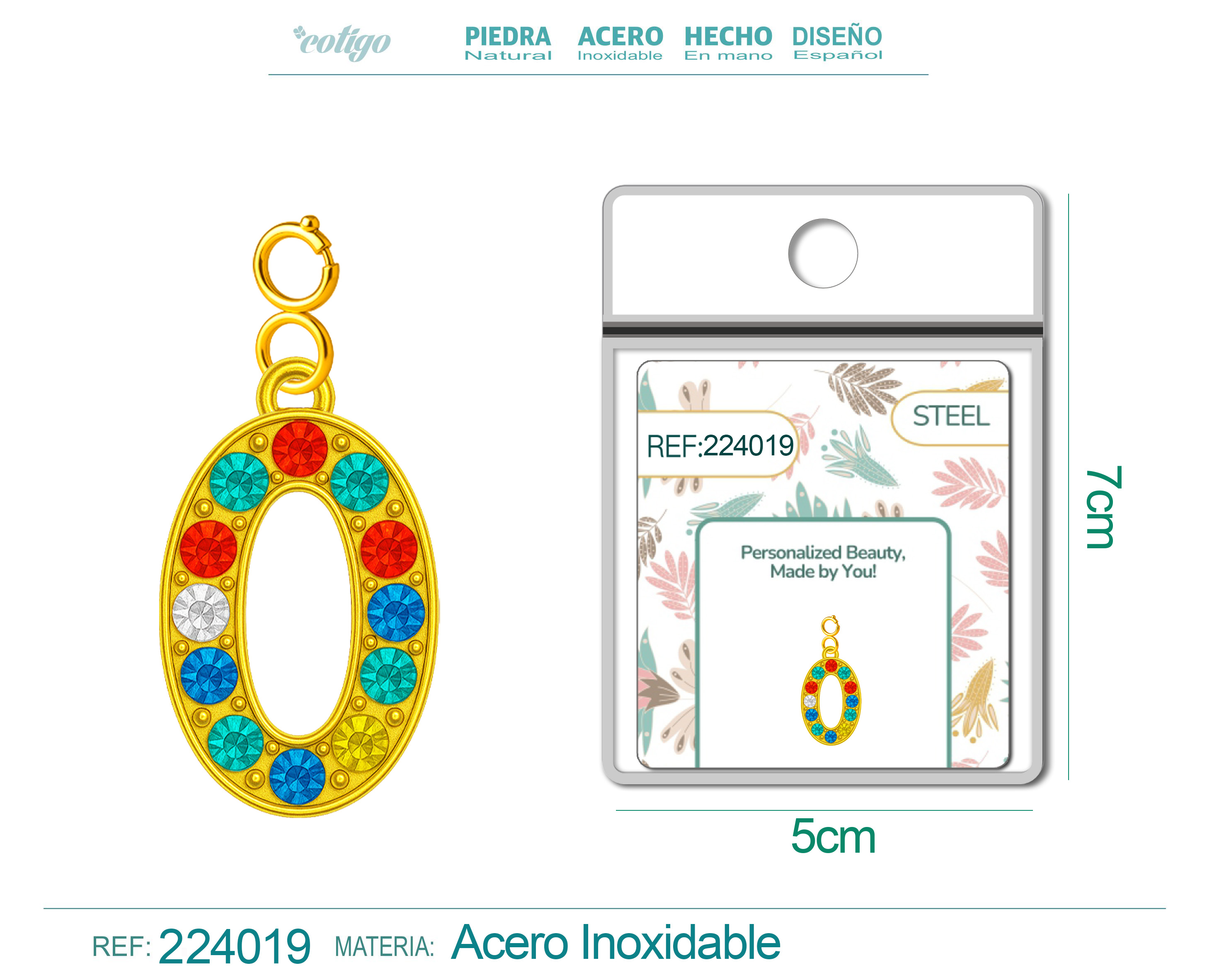 CHARM DE NÚMERO 0 ACERO COLOR DORADO CON CIRCONITA-CON CIERRE