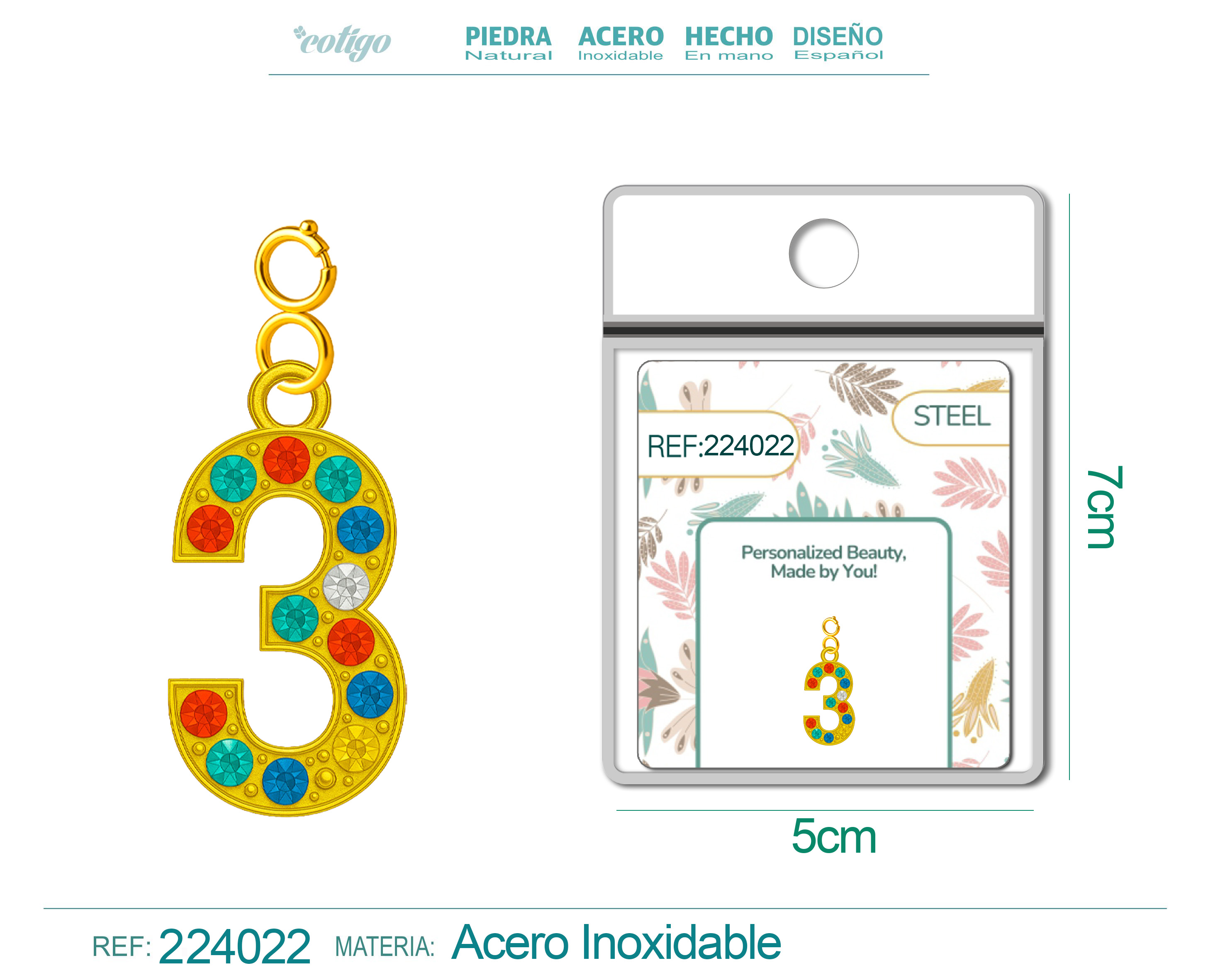 CHARM DE NÚMERO 3 ACERO COLOR DORADO CON CIRCONITA-CON CIERRE