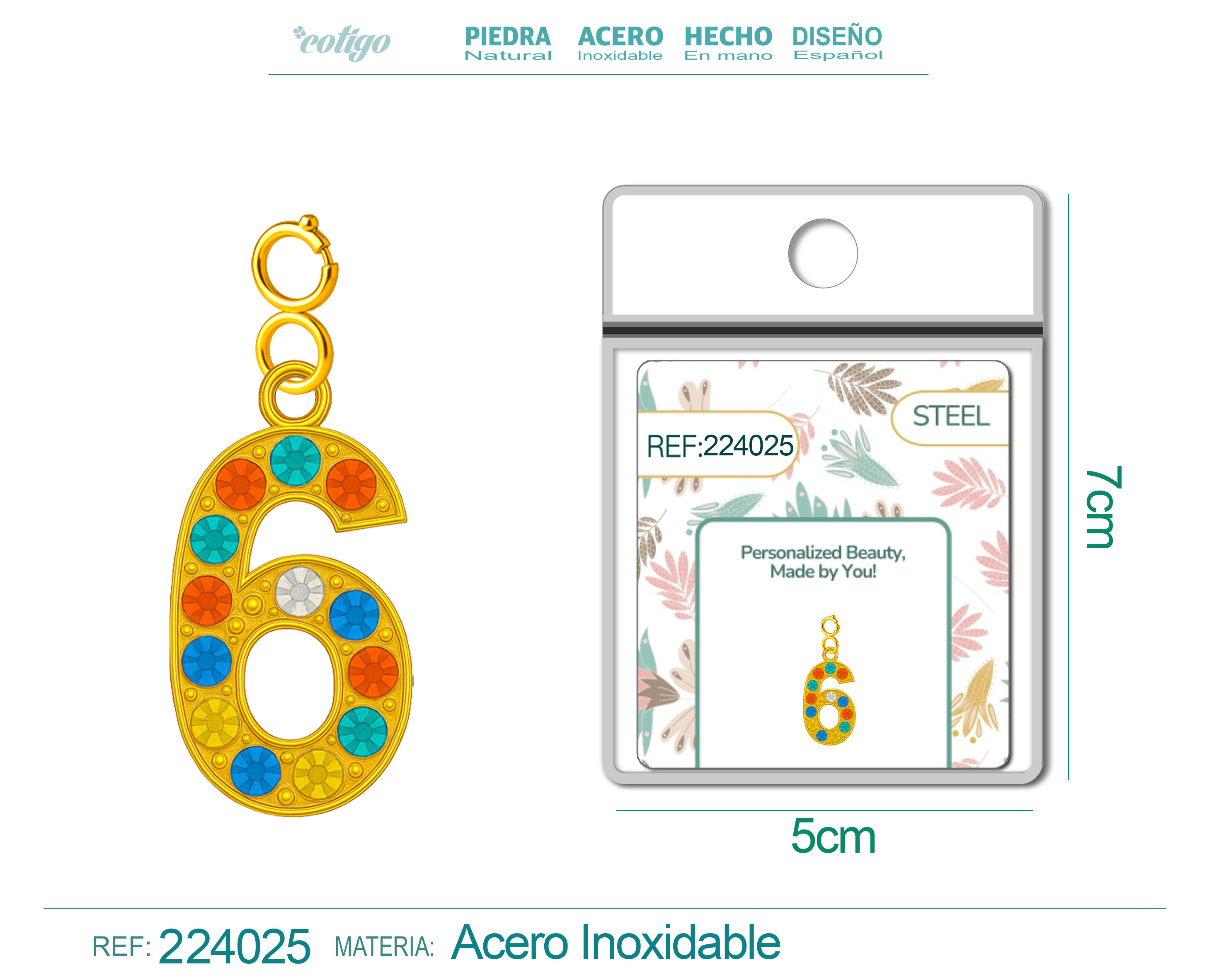 CHARM DE NÚMERO 6 ACERO COLOR DORADO CON CIRCONITA-CON CIERRE