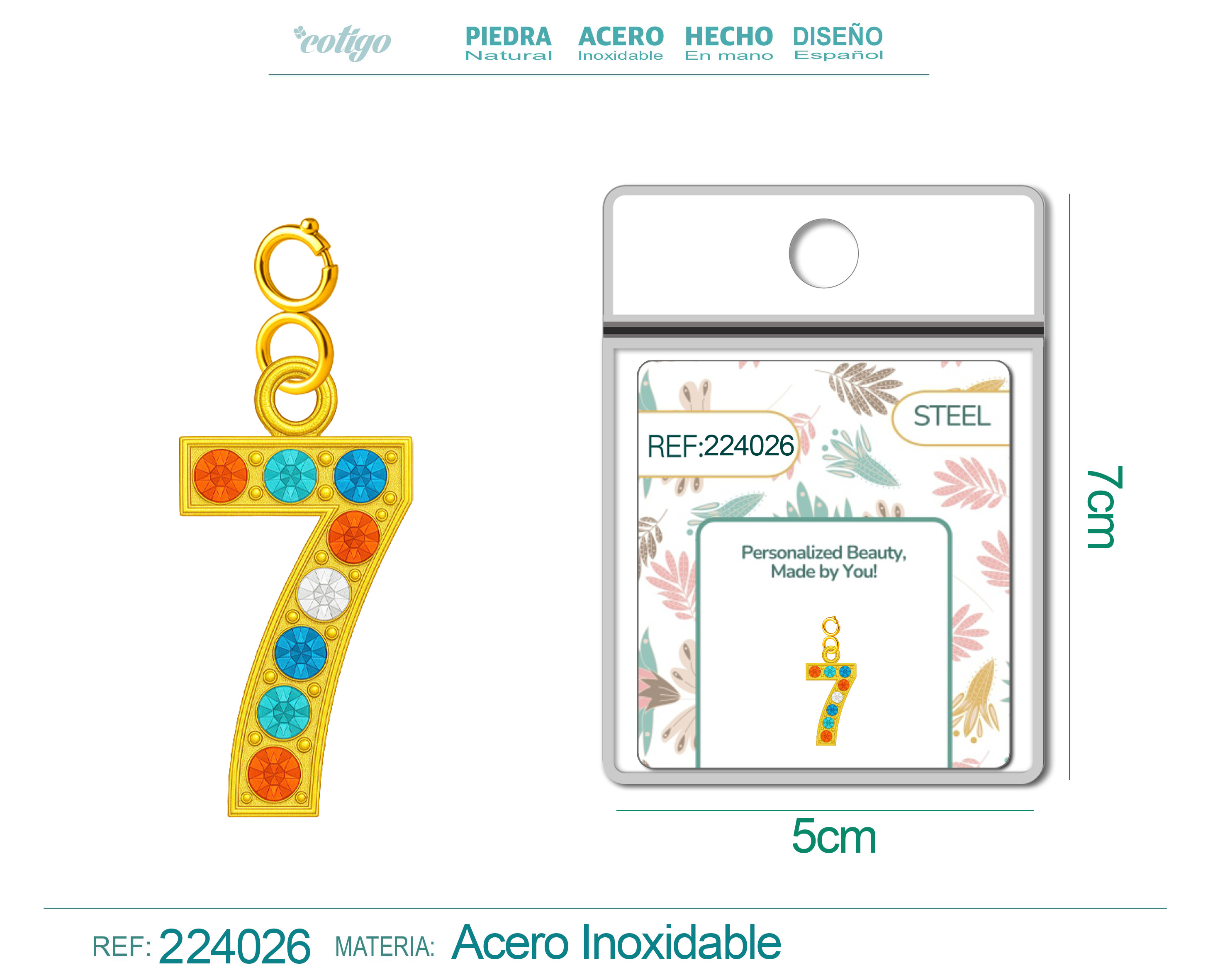 CHARM DE NÚMERO 7 ACERO COLOR DORADO CON CIRCONITA-CON CIERRE