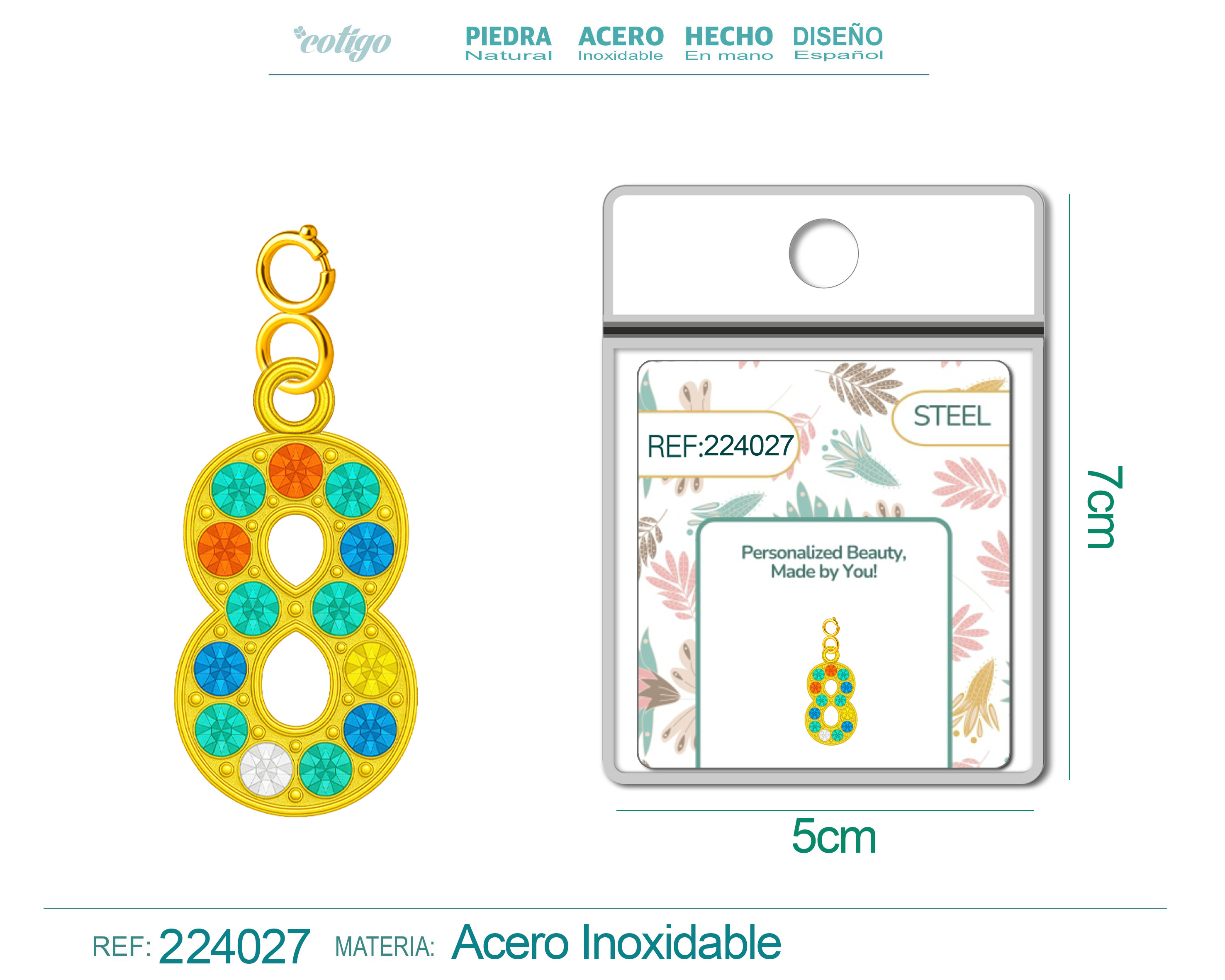 CHARM DE NÚMERO 8 ACERO COLOR DORADO CON CIRCONITA-CON CIERRE