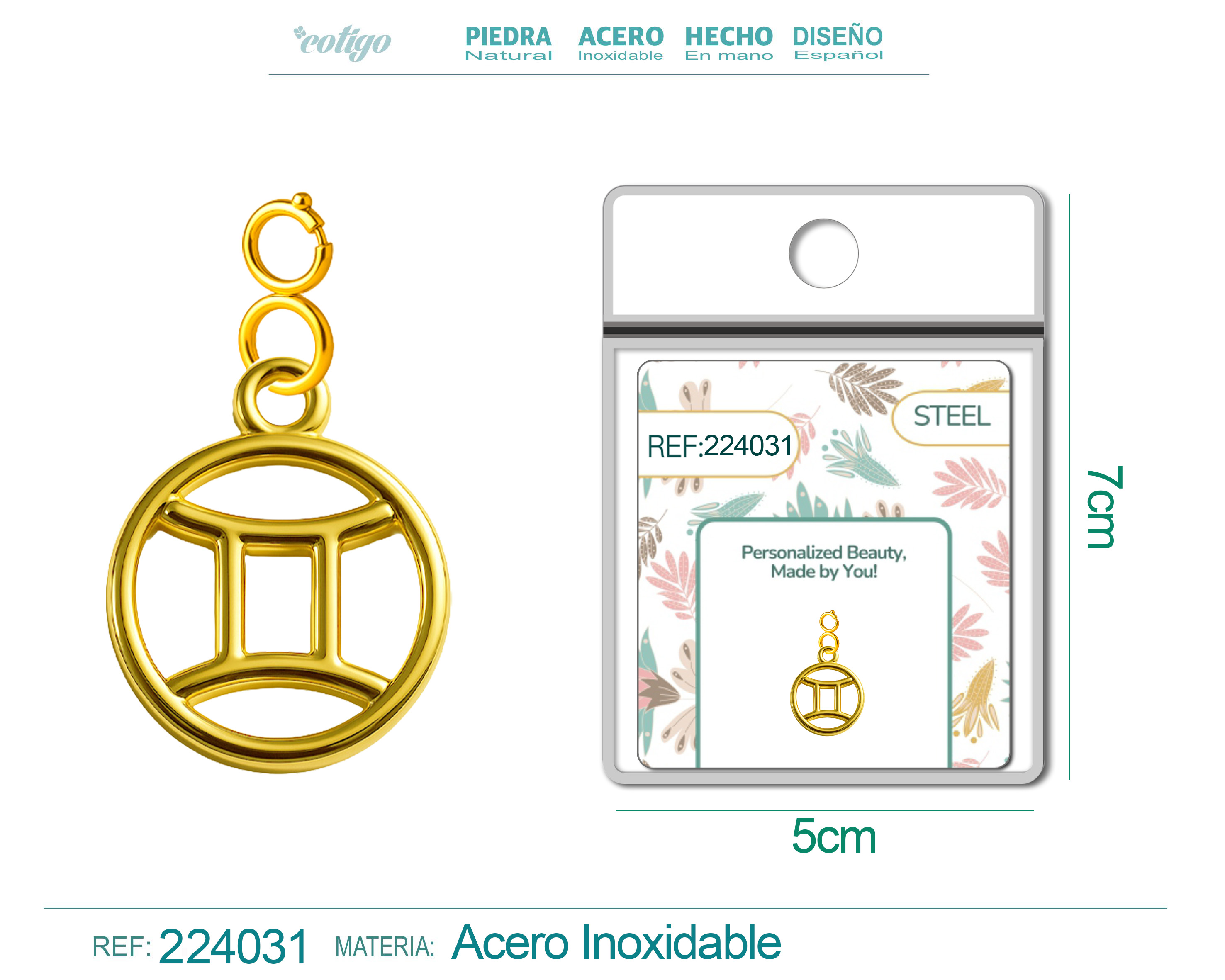 CHARM DE ZODÍACO GÉMEOS ACERO COLOR DORADO-CON CIERRE