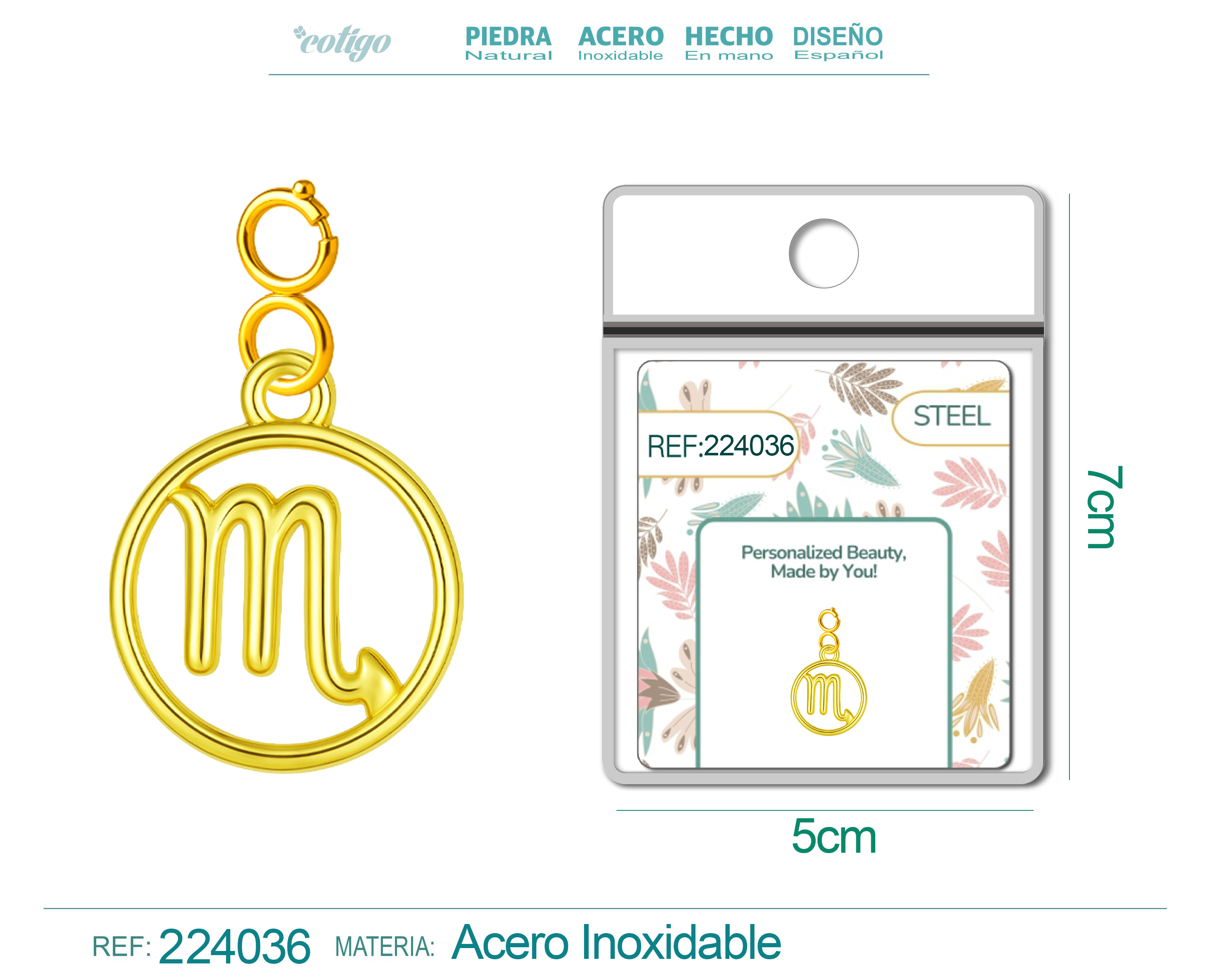 CHARM DE ZODÍACO ESCORPIÃO ACERO COLOR DORADO-CON CIERRE