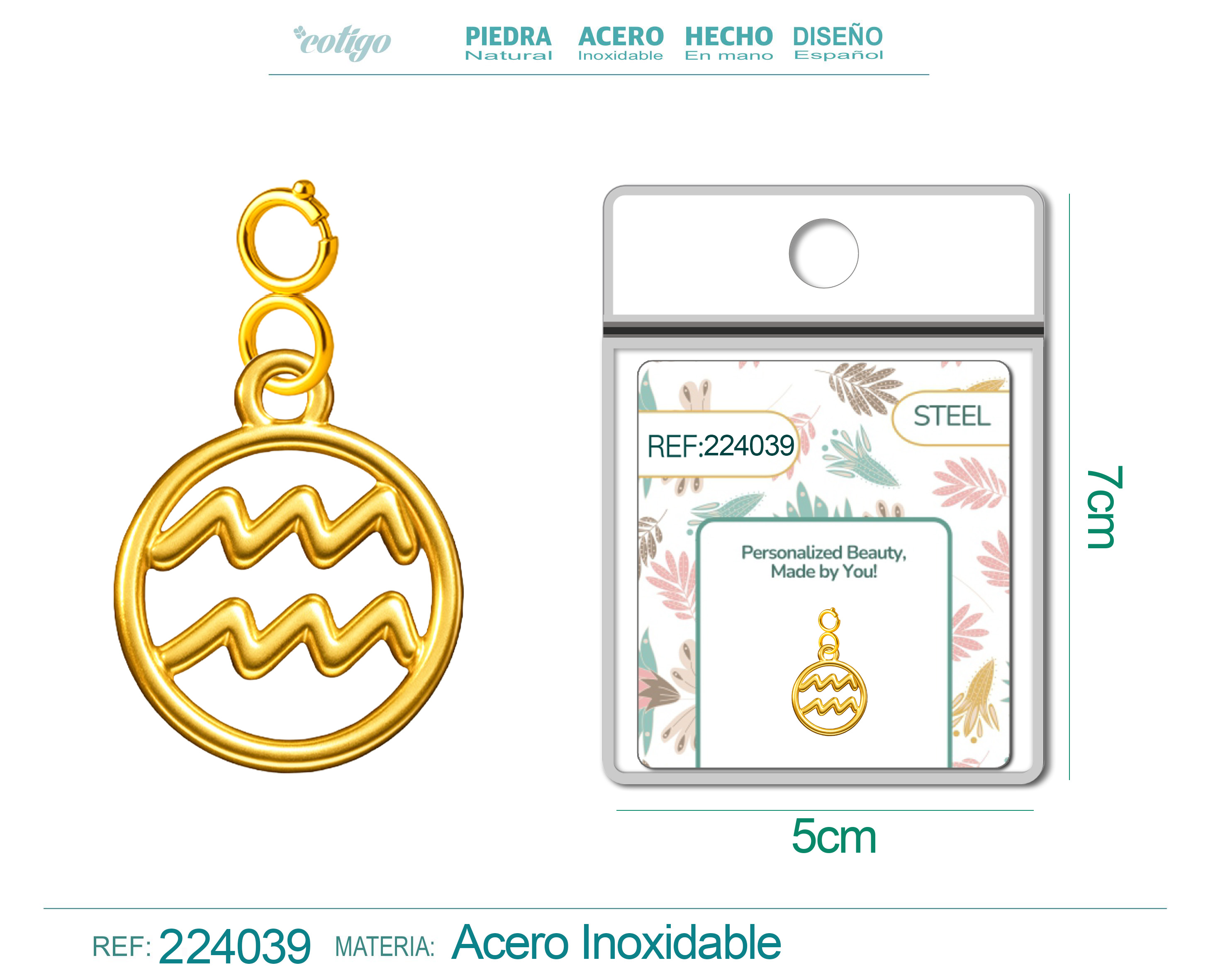 CHARM DE ZODÍACO AQUÁRIO ACERO COLOR DORADO-CON CIERRE