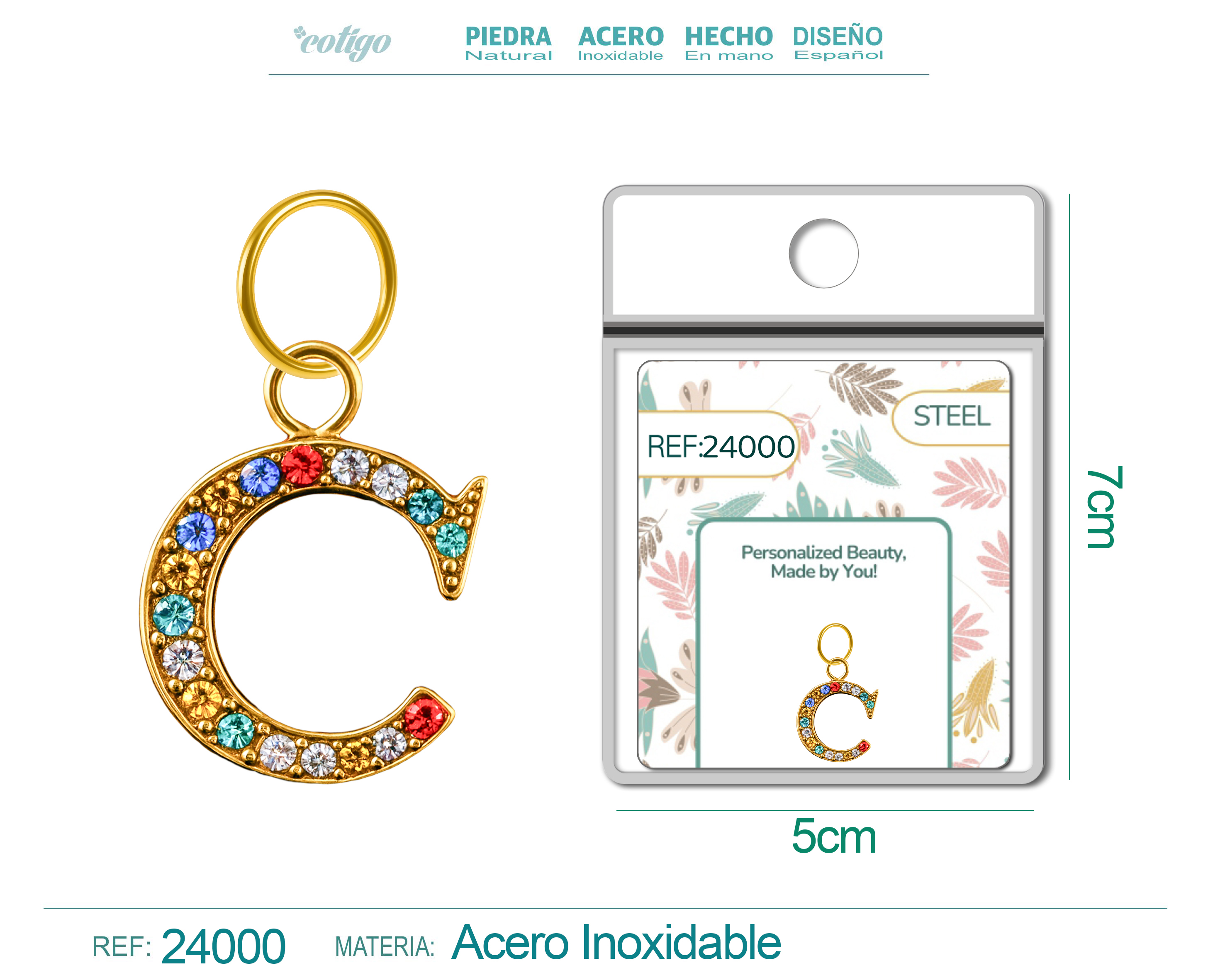 CHARM DE LETRA C ACERO COLOR DORADO CON CIRCONITA