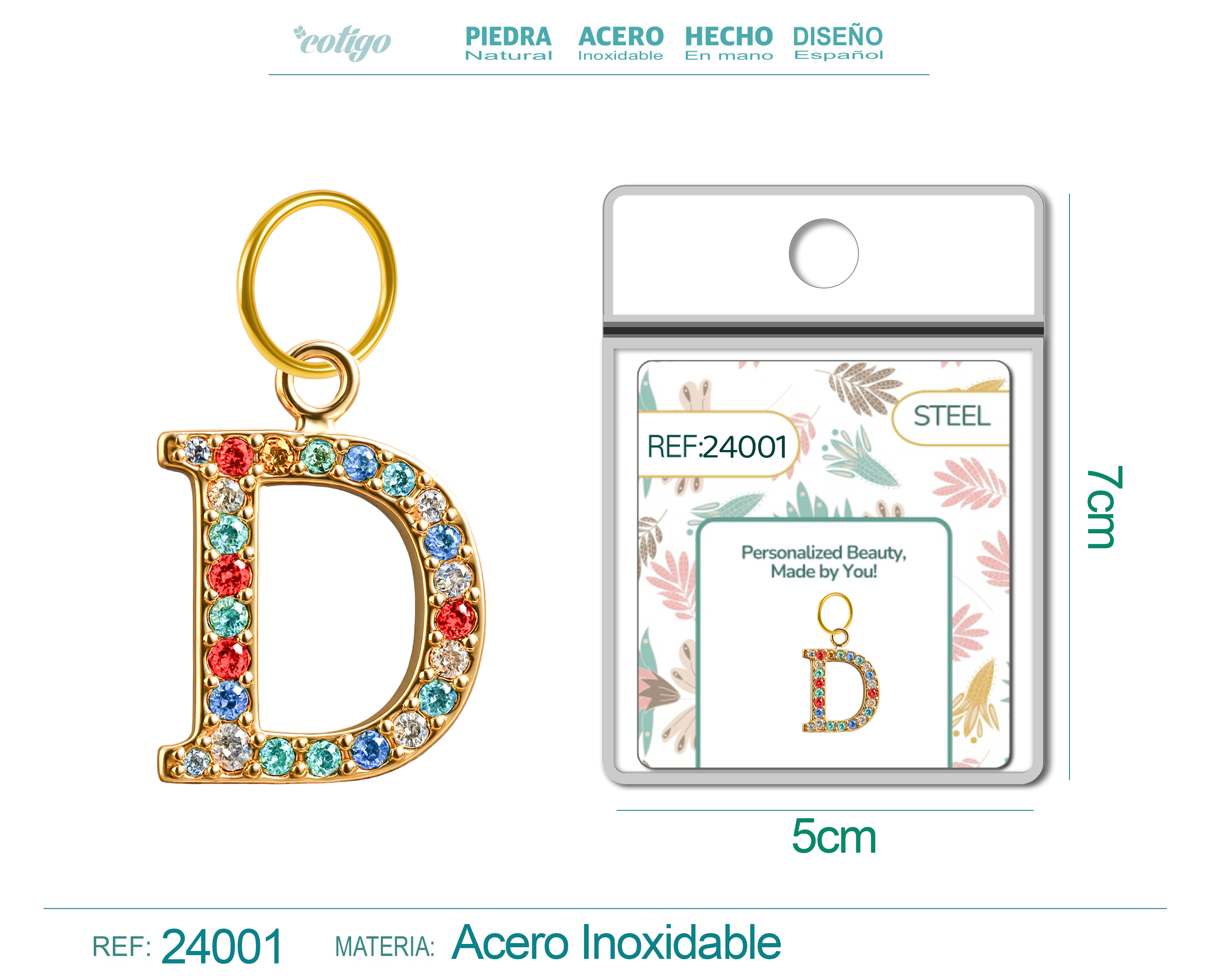 CHARM DE LETRA D ACERO COLOR DORADO CON CIRCONITA