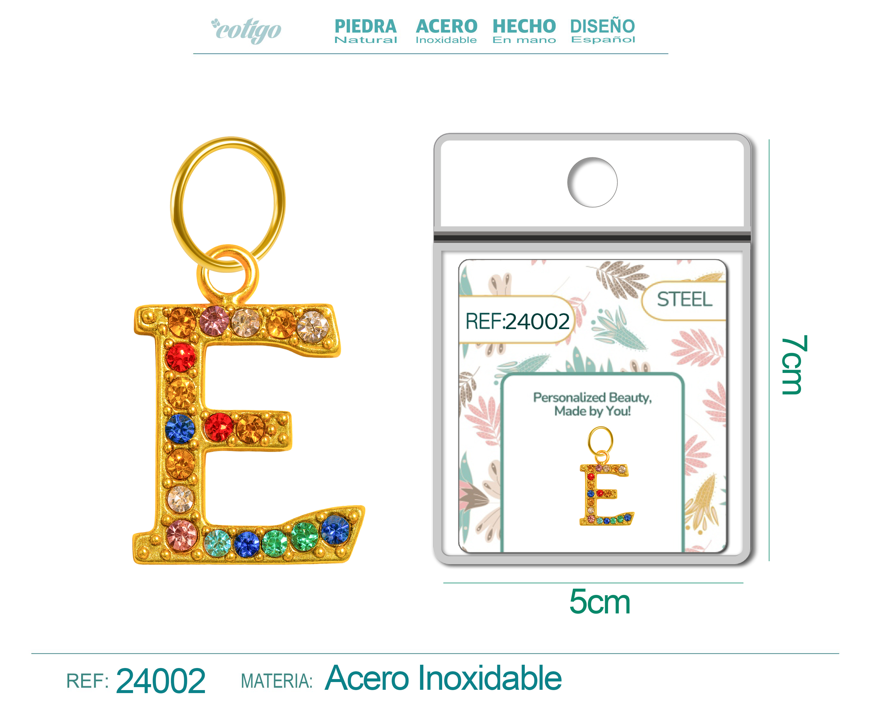 CHARM DE LETRA E ACERO COLOR DORADO CON CIRCONITA