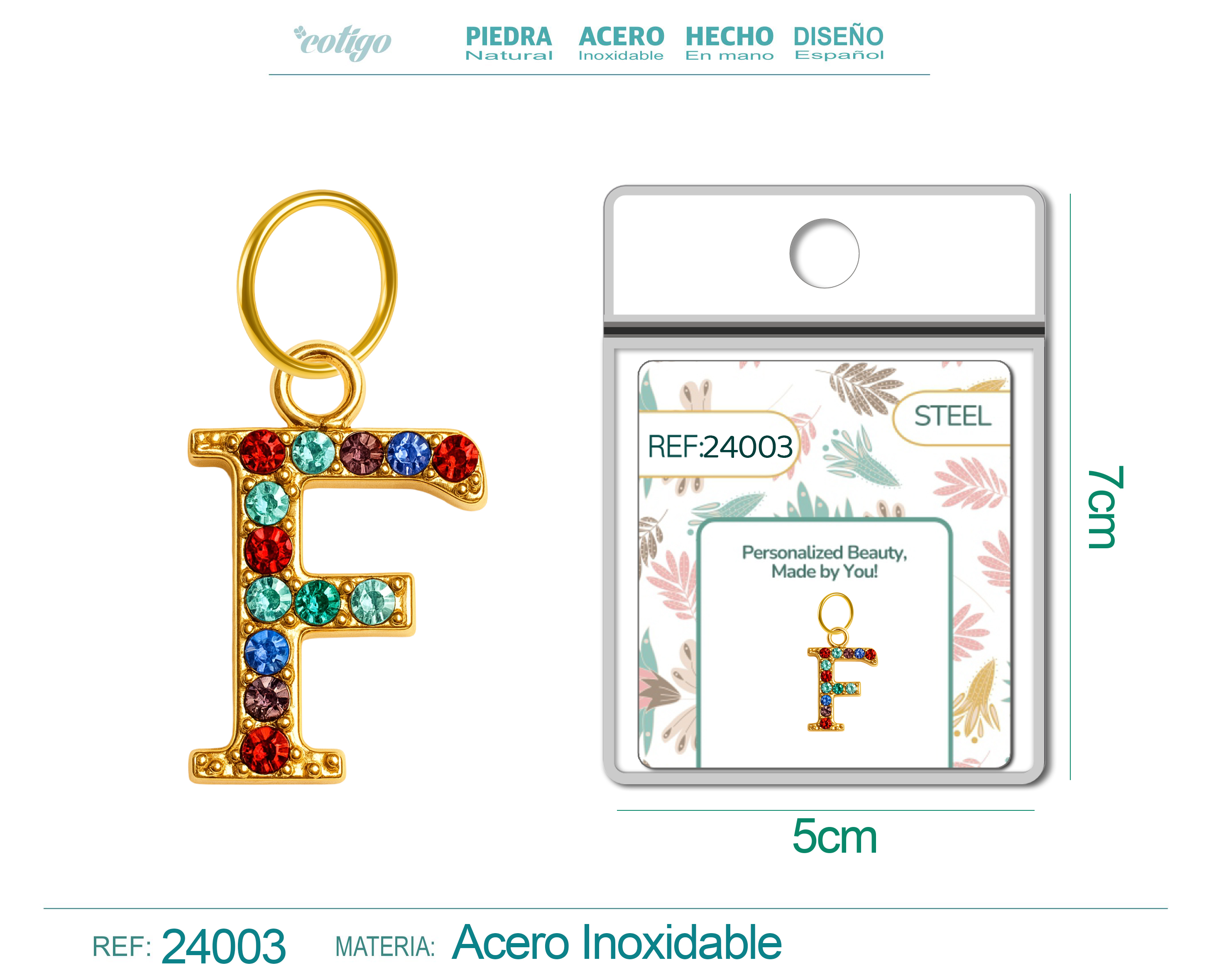 CHARM DE LETRA F ACERO COLOR DORADO CON CIRCONITA