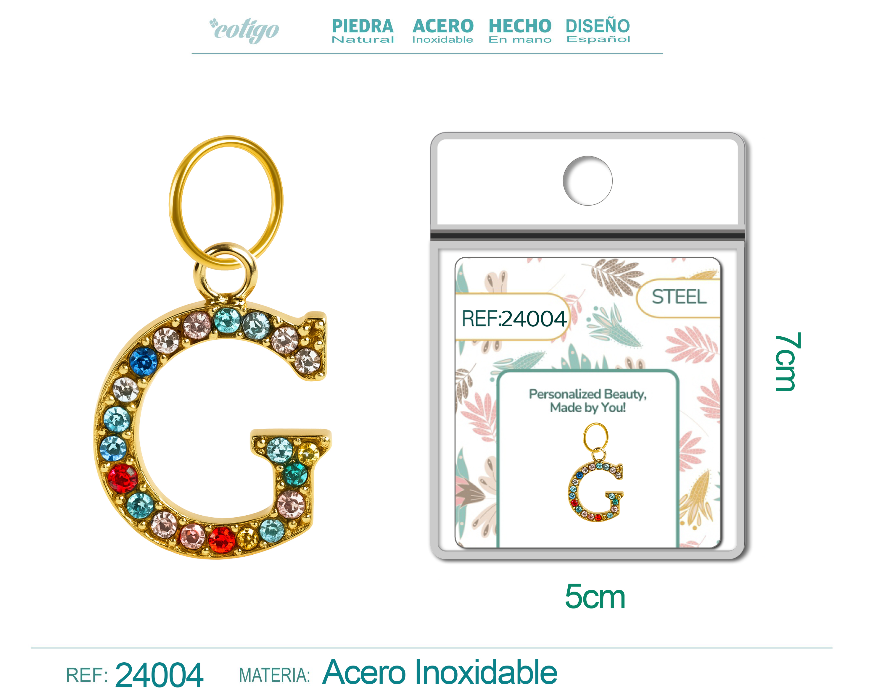 CHARM DE LETRA G ACERO COLOR DORADO CON CIRCONITA