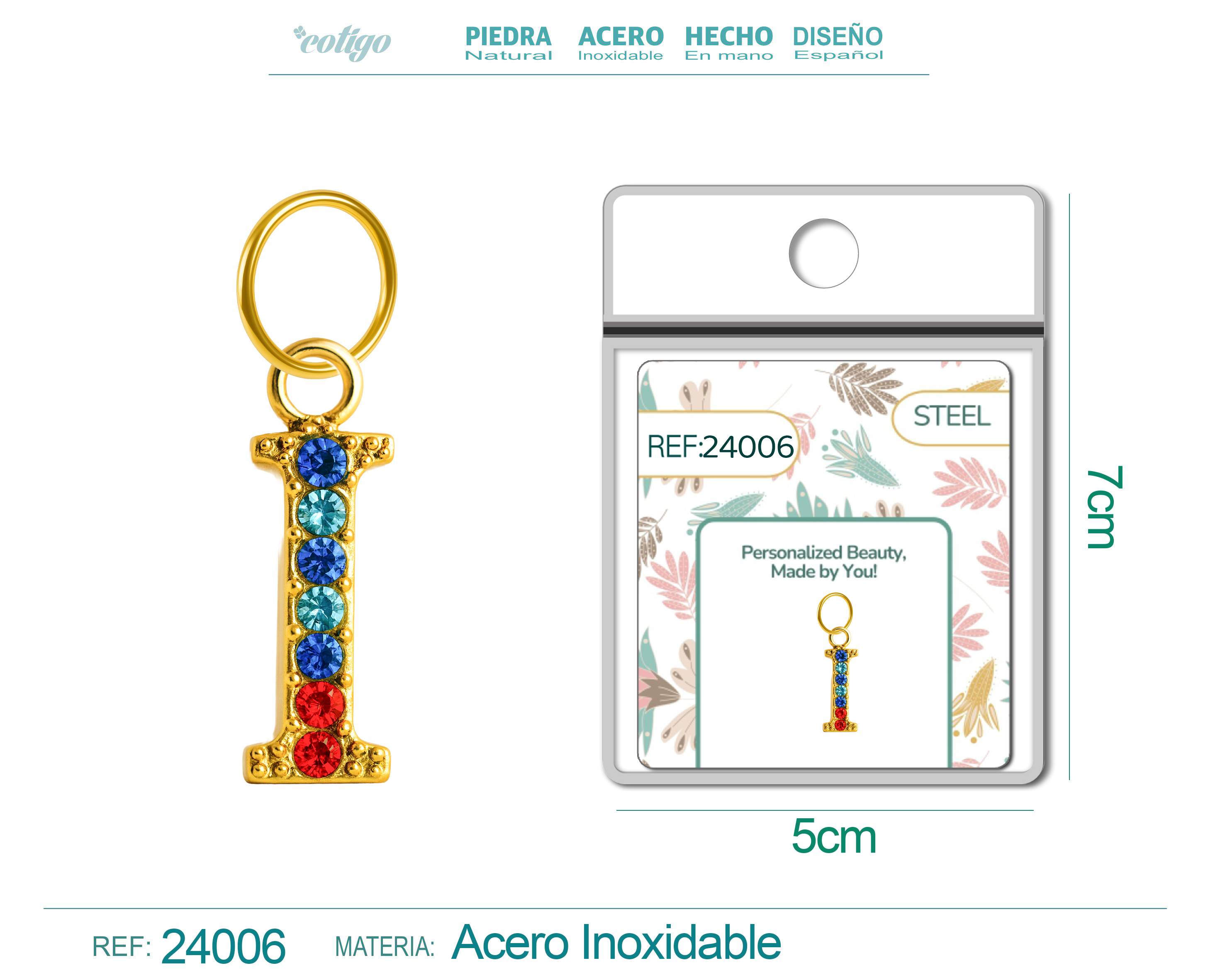 CHARM DE LETRA I ACERO COLOR DORADO CON CIRCONITA