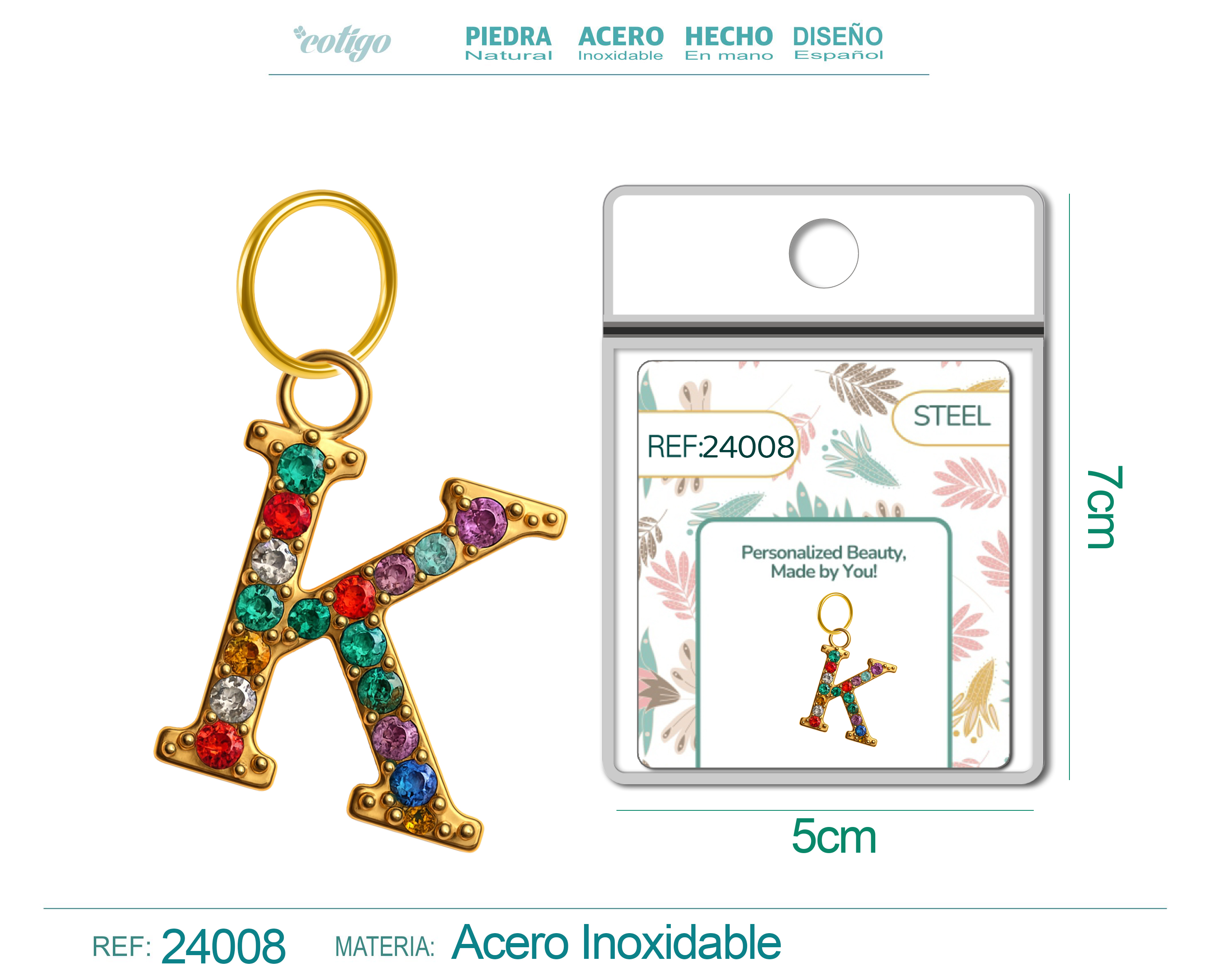 CHARM DE LETRA K ACERO COLOR DORADO CON CIRCONITA