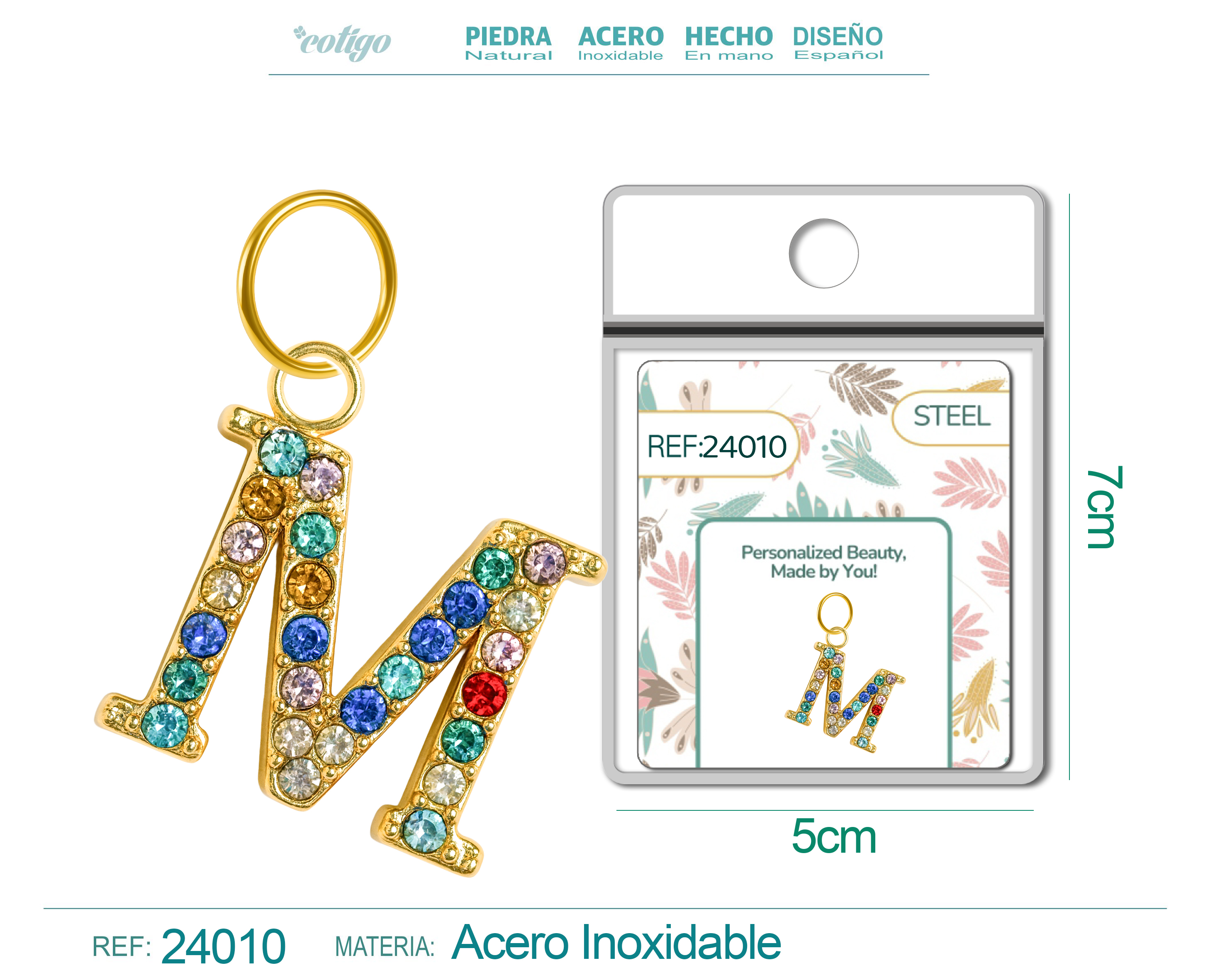 CHARM DE LETRA M ACERO COLOR DORADO CON CIRCONITA