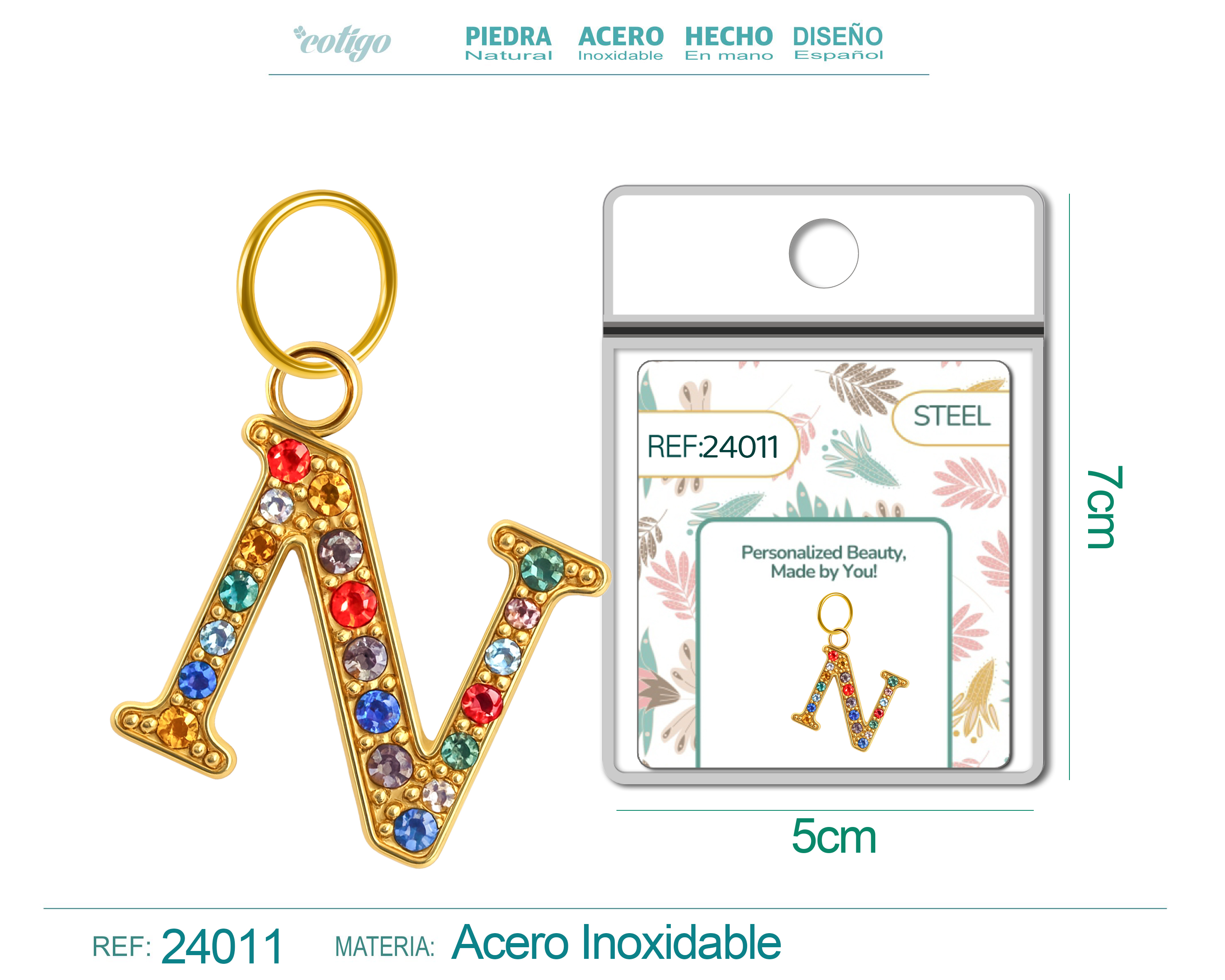 CHARM DE LETRA N ACERO COLOR DORADO CON CIRCONITA