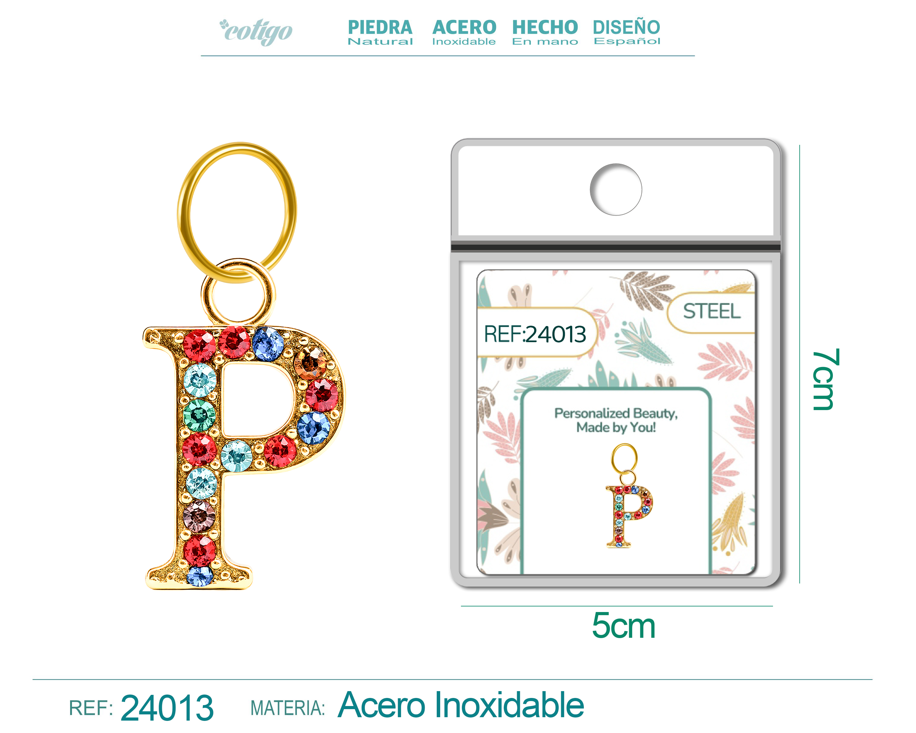 CHARM DE LETRA P ACERO COLOR DORADO CON CIRCONITA