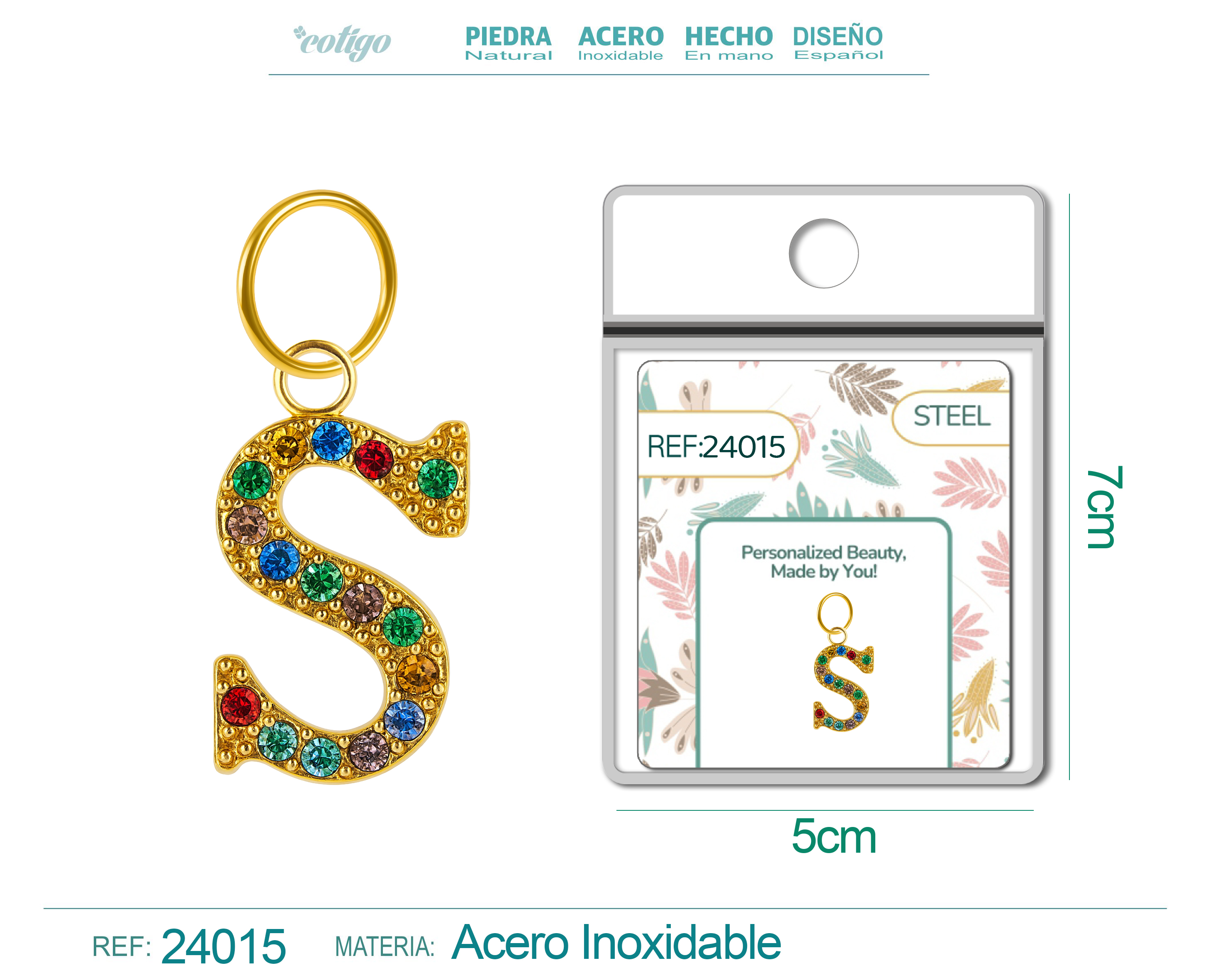 CHARM DE LETRA S ACERO COLOR DORADO CON CIRCONITA